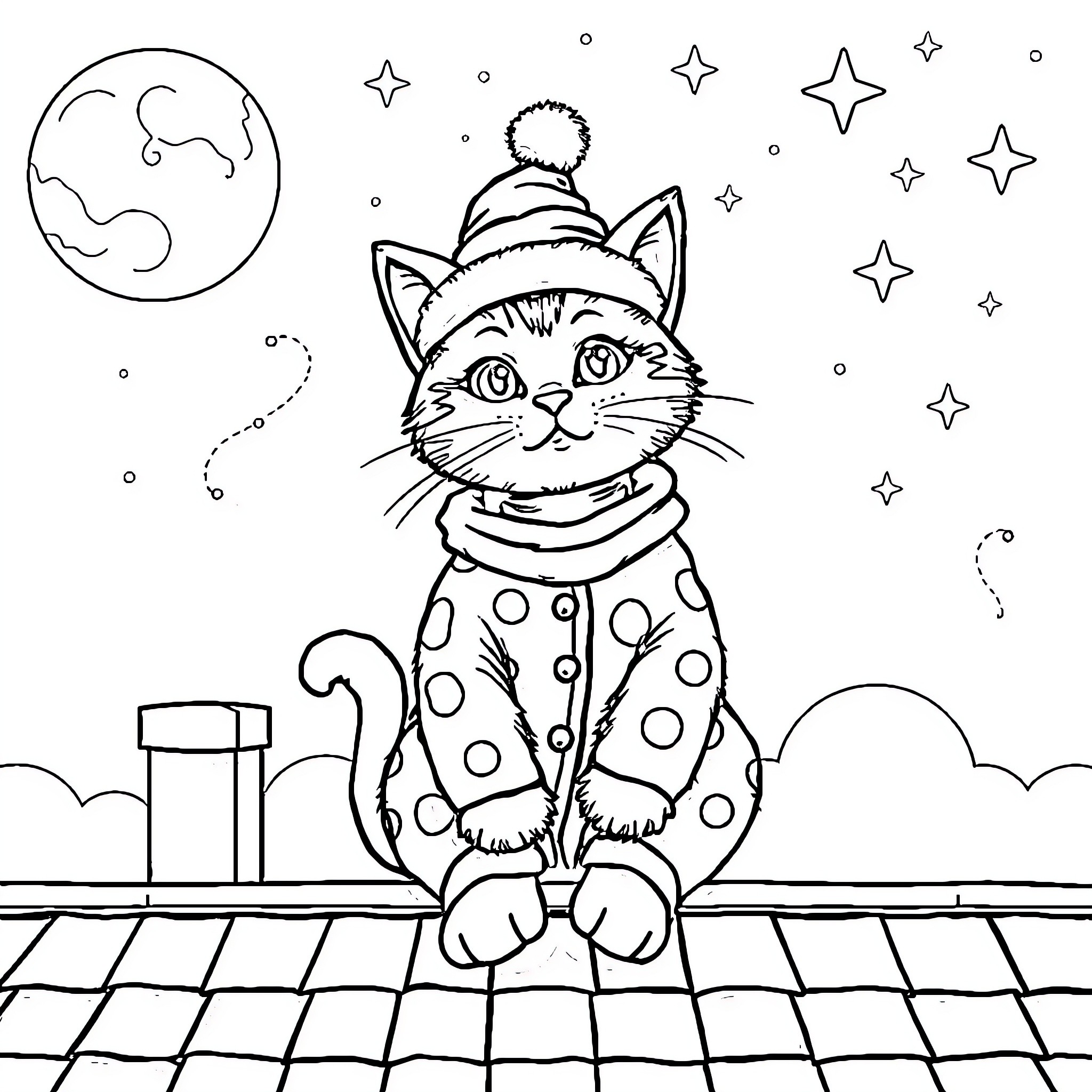 Cat in Spotted Hat under Starry Sky Coloring Page (free black-and-white line drawing printable PDF for all, from beginners to advanced learners, including children, teens, adults, and seniors)
