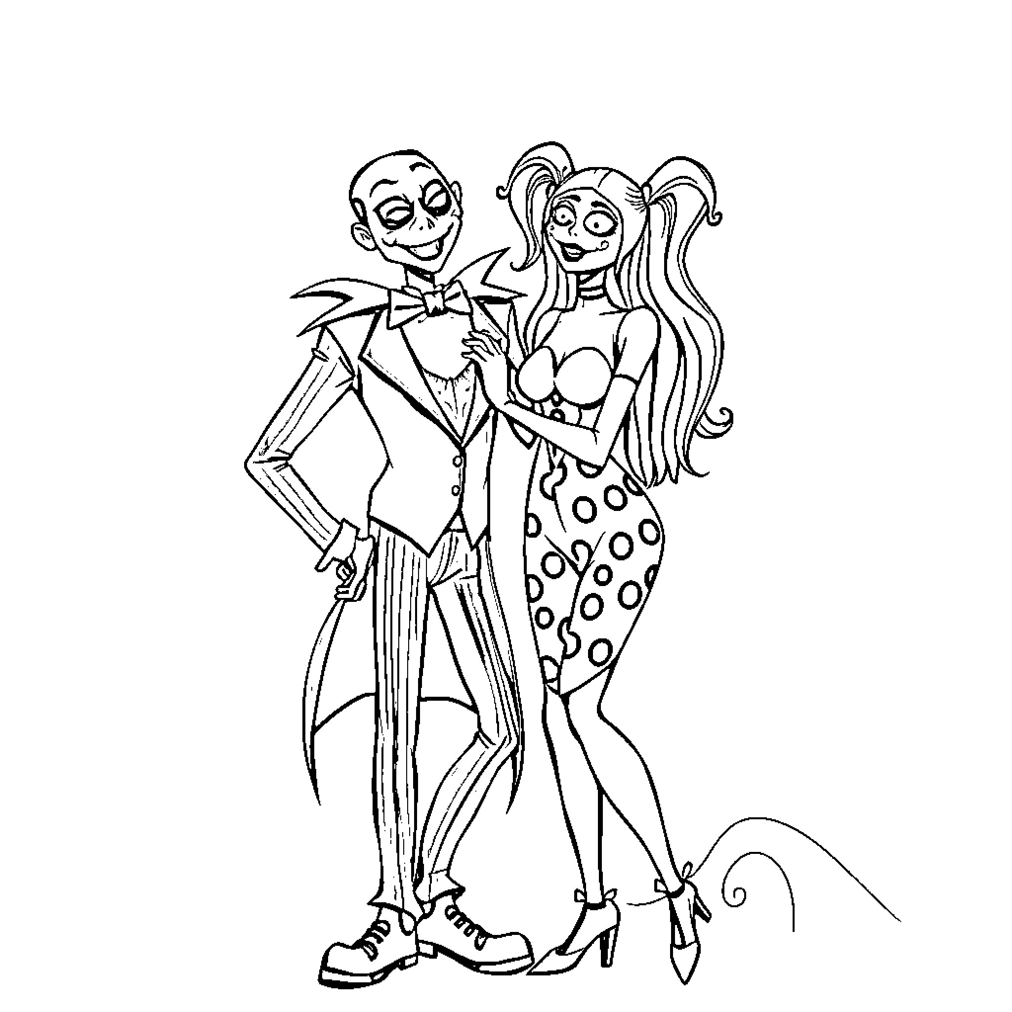 Joker and his eccentric companion in an animated style Coloring Page (free black-and-white line drawing printable PDF for all, from beginners to advanced learners, including children, teens, adults, and seniors)