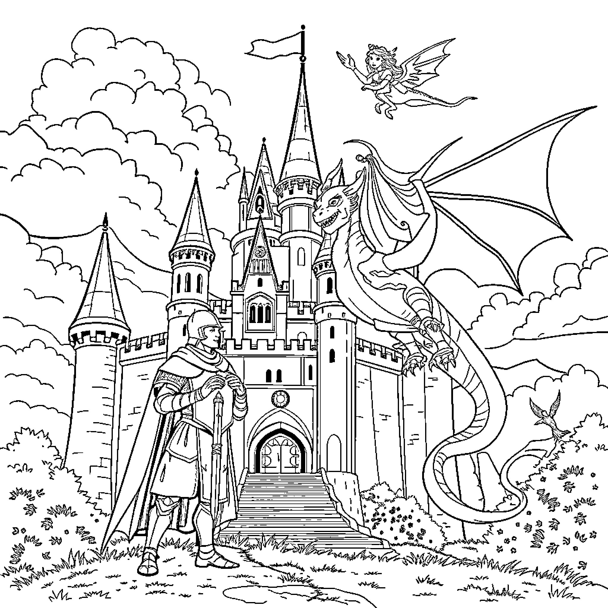 Knight Standing Tall Before Majestic Castle Coloring Page (free black-and-white line drawing printable PDF for all, from beginners to advanced learners, including children, teens, adults, and seniors)