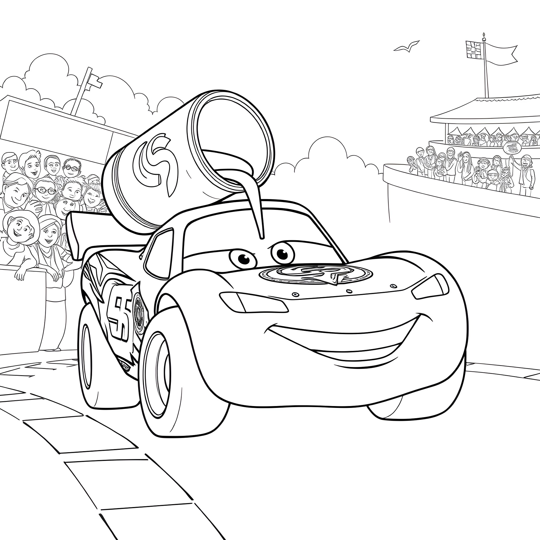 Lightning McQueen racing through the town Coloring Page (free black-and-white line drawing printable PDF for all, from beginners to advanced learners, including children, teens, adults, and seniors)