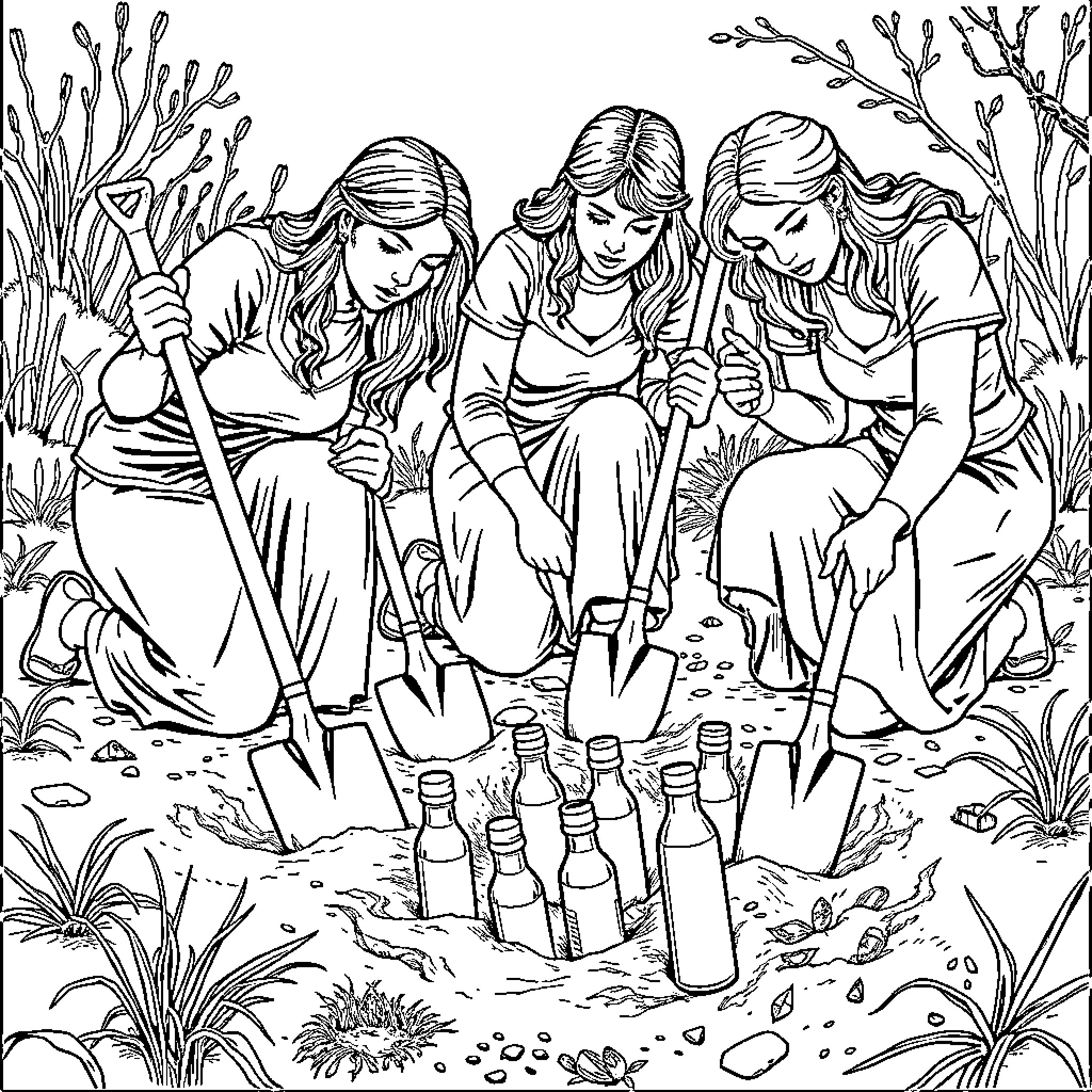 Woman planting flowers with friends in nature Coloring Page (free black-and-white line drawing printable PDF for all, from beginners to advanced learners, including children, teens, adults, and seniors)