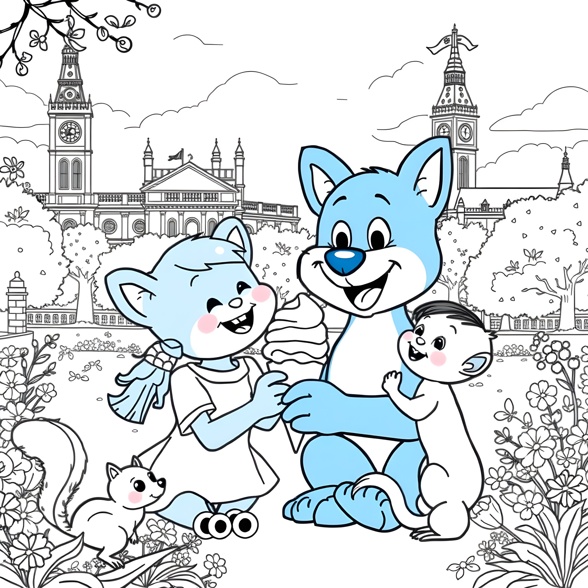 Bluey's Family Adventure in the City Coloring Page (free black-and-white line drawing printable PDF for all, from beginners to advanced learners, including children, teens, adults, and seniors)