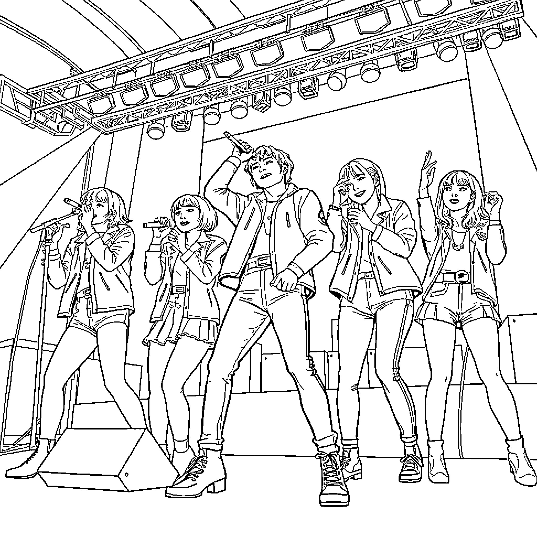 Huntrix Band Performing on Stage Coloring Page (free black-and-white line drawing printable PDF for all, from beginners to advanced learners, including children, teens, adults, and seniors)
