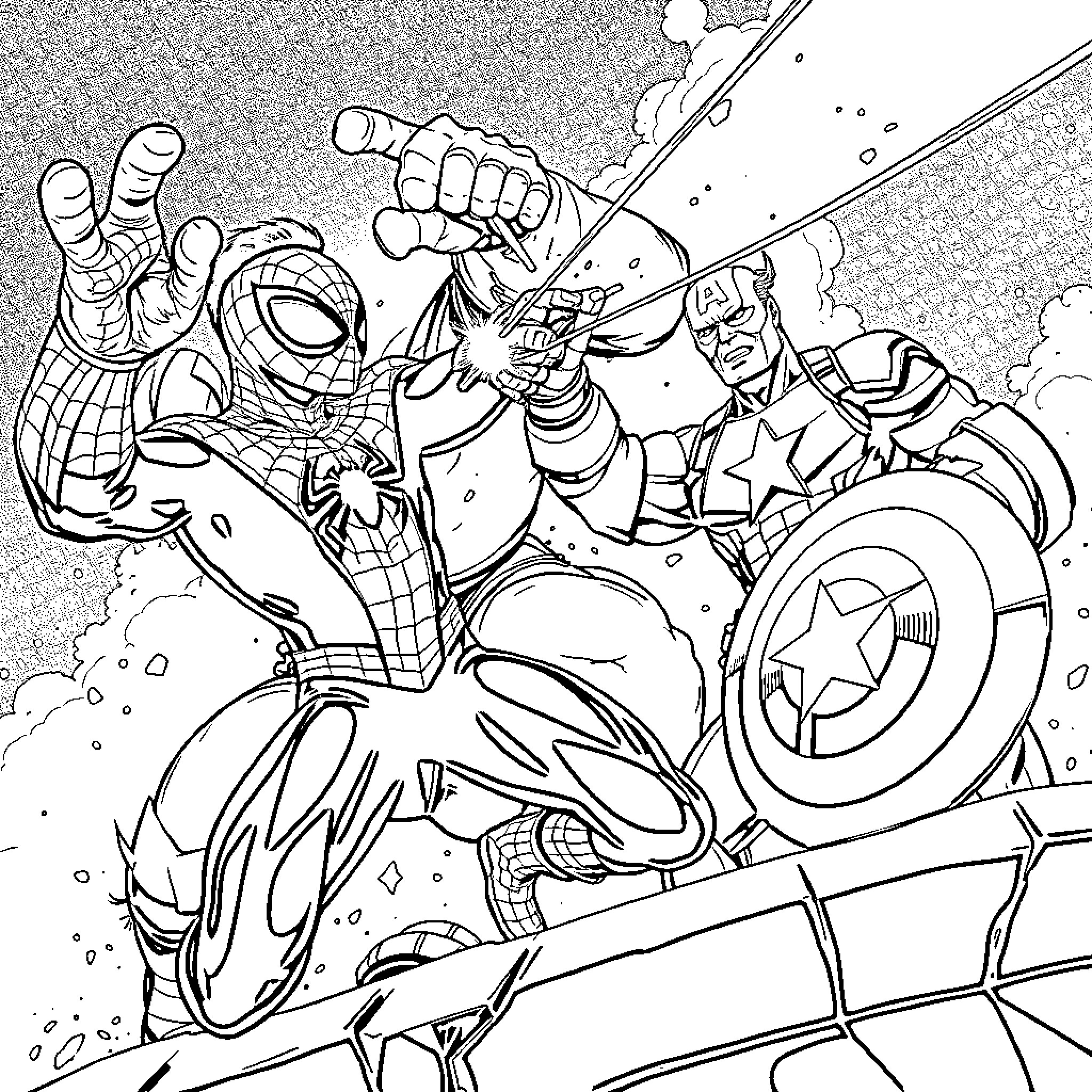 Spiderman battles alongside Captain America in intense action Coloring Page (free black-and-white line drawing printable PDF for all, from beginners to advanced learners, including children, teens, adults, and seniors)