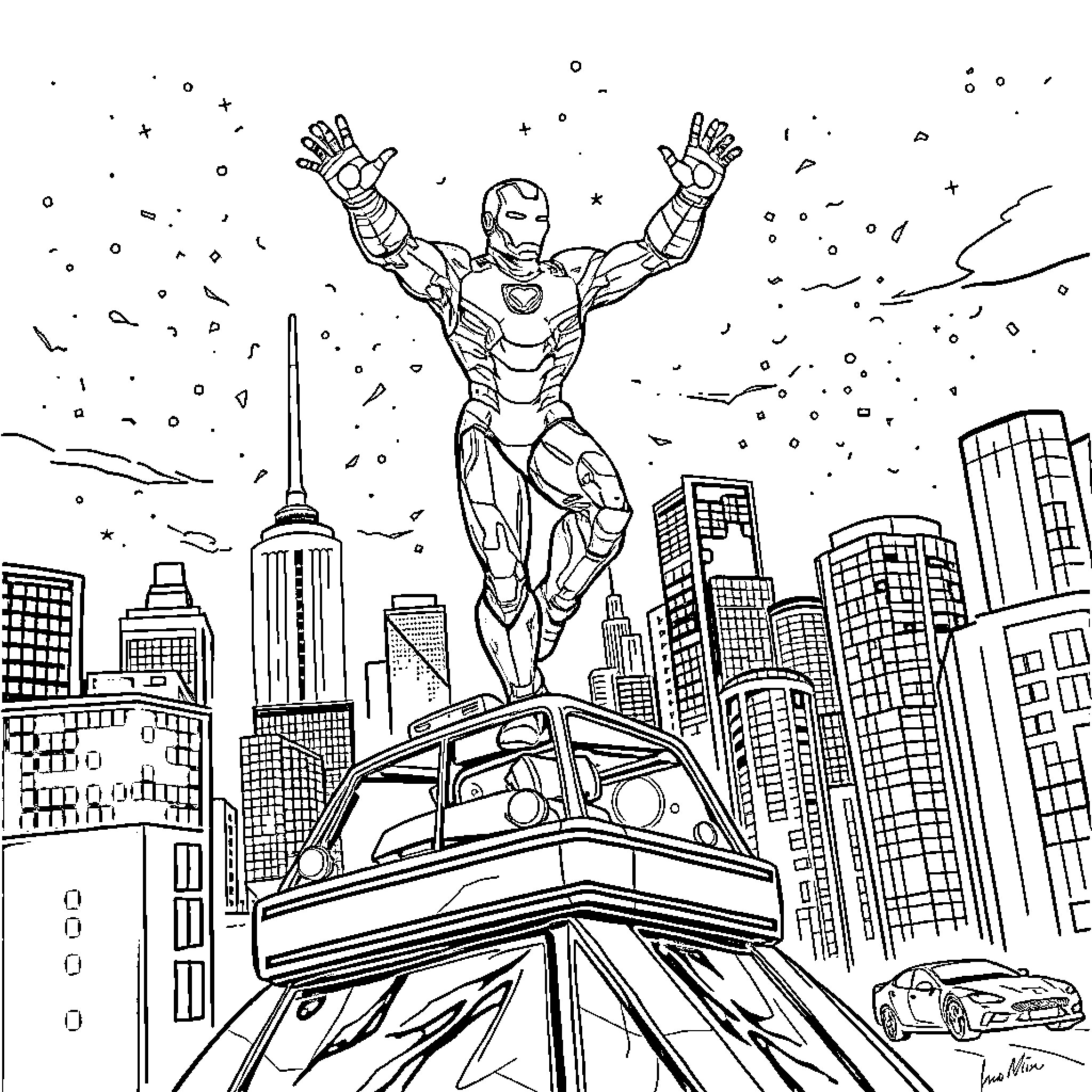 Ironman soaring triumphantly over the city skyline Coloring Page (free black-and-white line drawing printable PDF for all, from beginners to advanced learners, including children, teens, adults, and seniors)