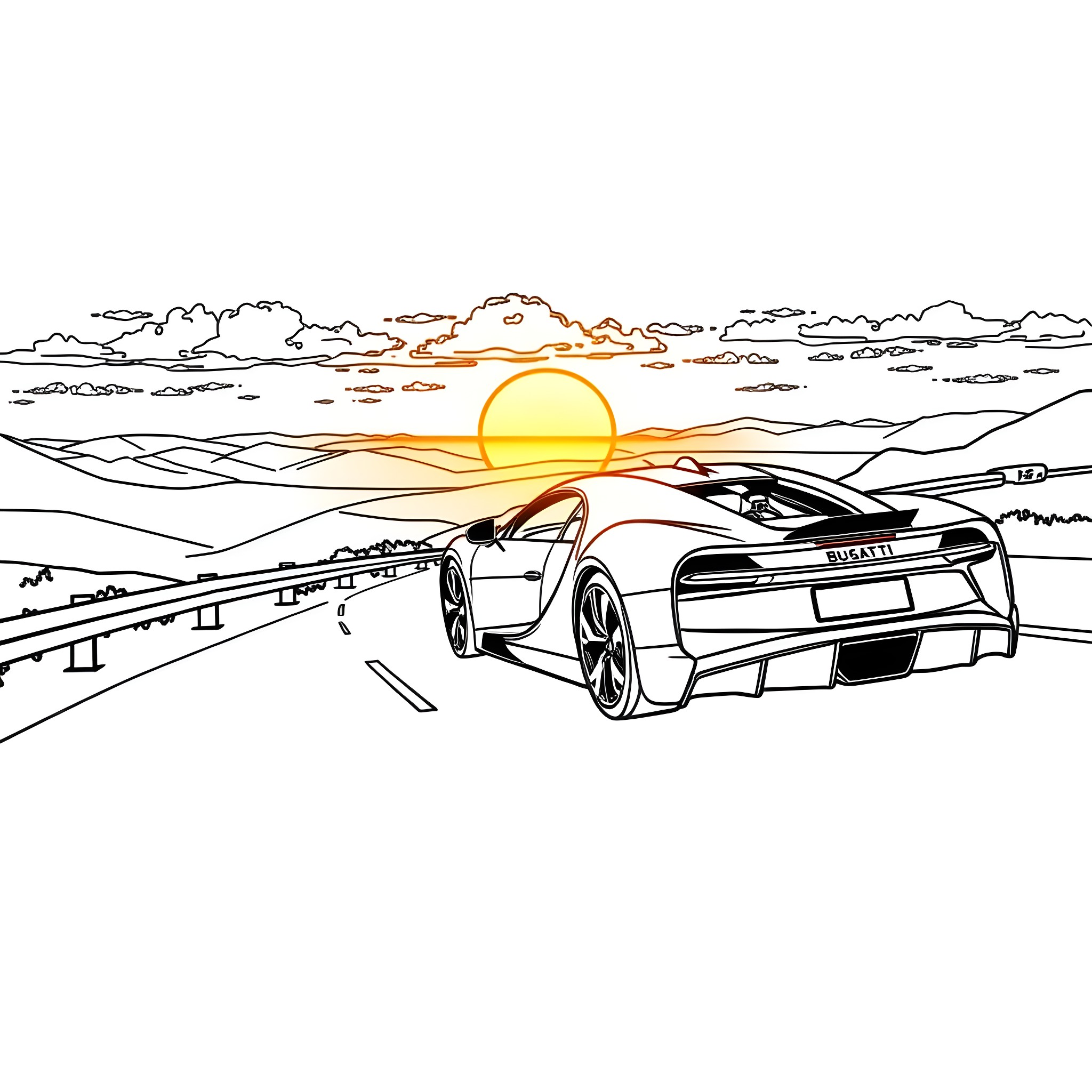 Bugatti sports car driving on scenic highway at sunset Coloring Page (free black-and-white line drawing printable PDF for all, from beginners to advanced learners, including children, teens, adults, and seniors)