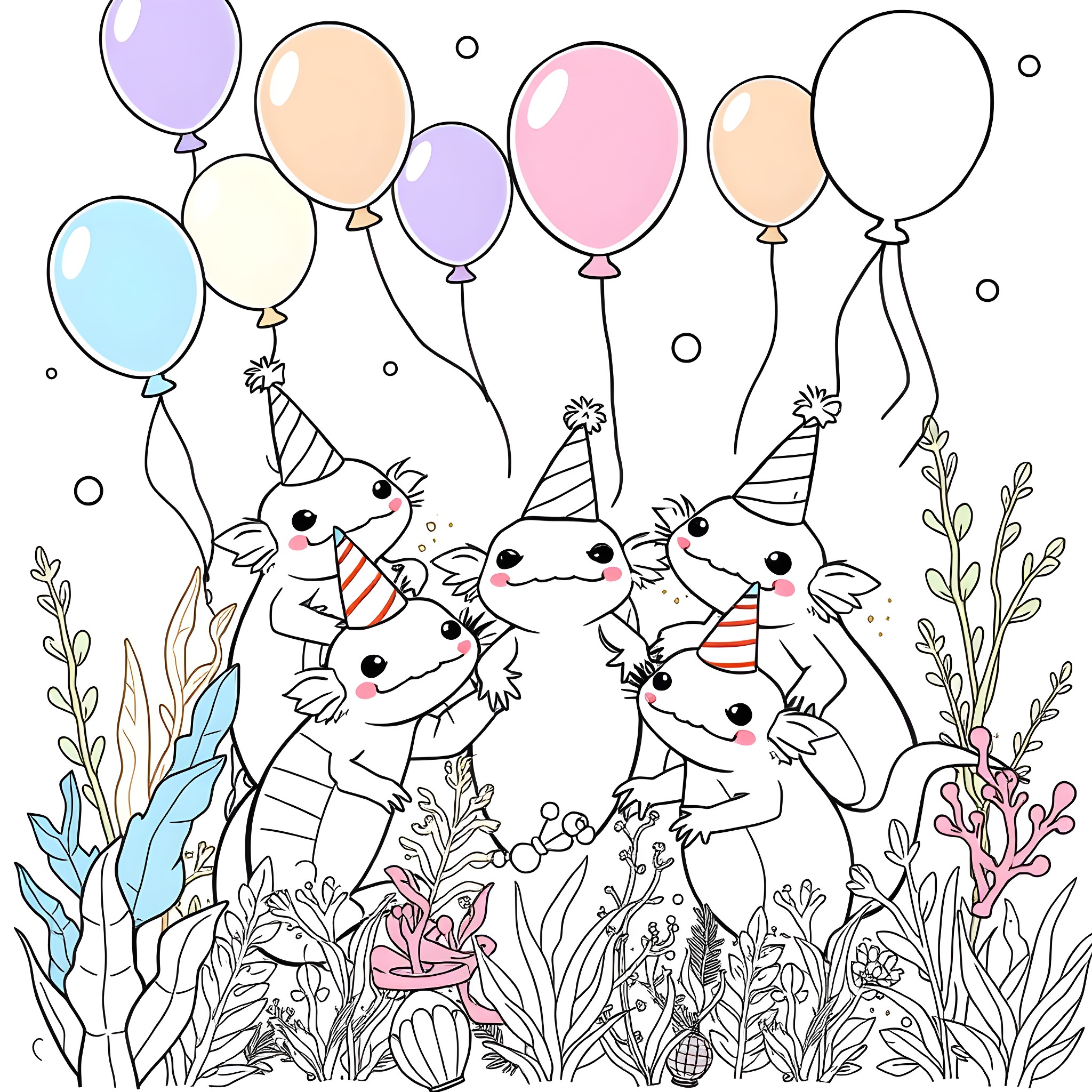 Axolotls celebrating with balloons in a lush floral setting Coloring Page (free black-and-white line drawing printable PDF for all, from beginners to advanced learners, including children, teens, adults, and seniors)