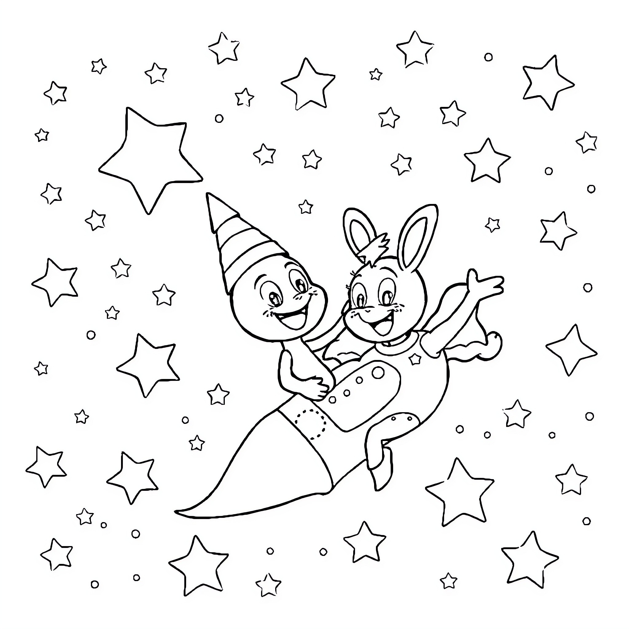 Blippi and Bunny Celebrate with Stars Coloring Page (free black-and-white line drawing printable PDF for all, from beginners to advanced learners, including children, teens, adults, and seniors)