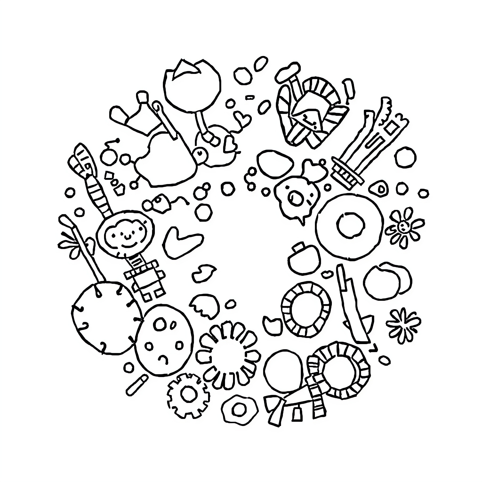 Doodle of playful shapes and objects Coloring Page (free black-and-white line drawing printable PDF for all, from beginners to advanced learners, including children, teens, adults, and seniors)