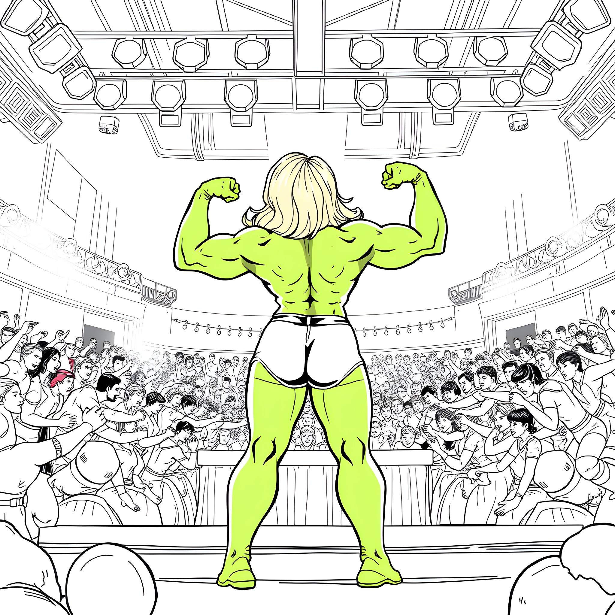 She-Hulk Flexing Her Muscles in the Arena Coloring Page (free black-and-white line drawing printable PDF for all, from beginners to advanced learners, including children, teens, adults, and seniors)