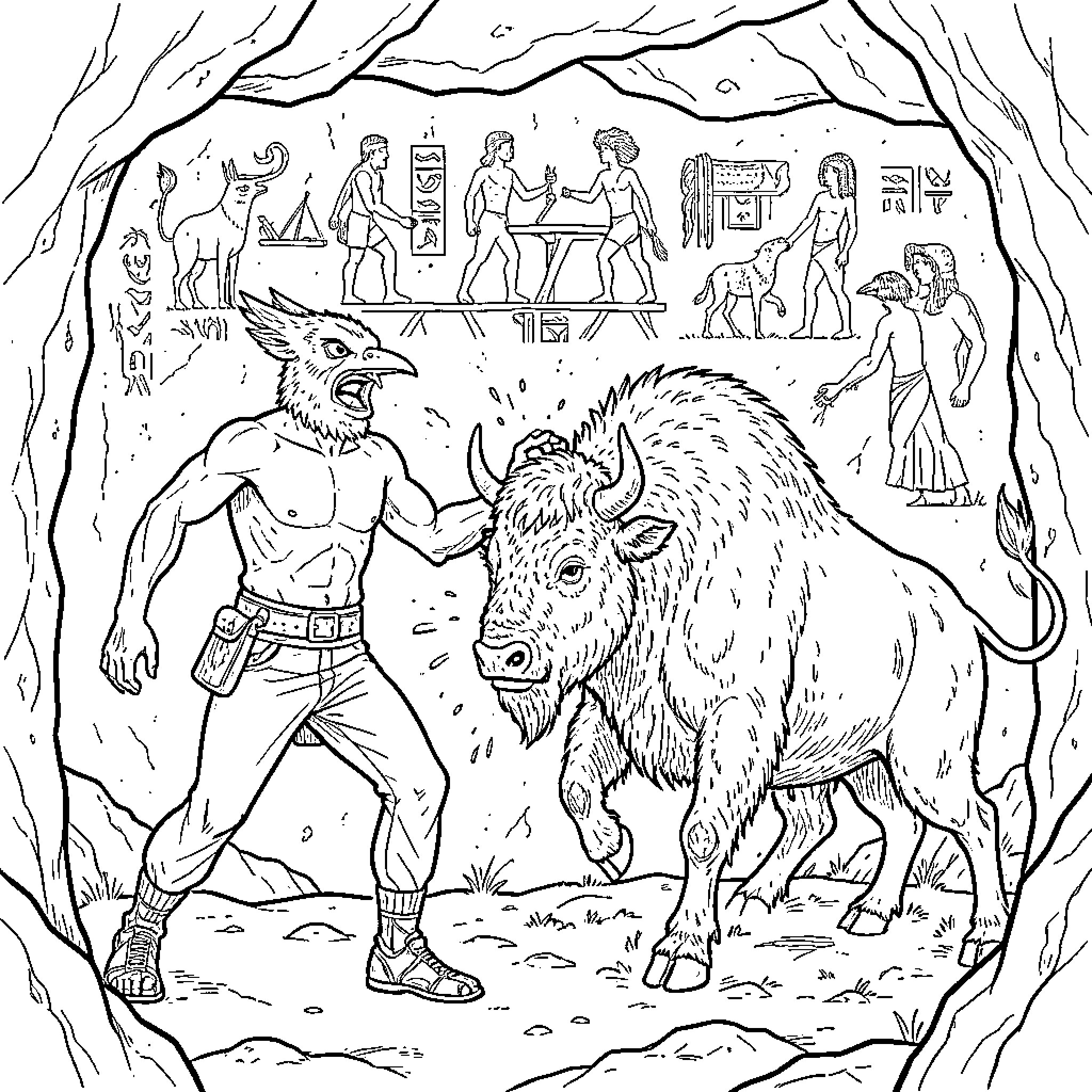 Homme à Tête d'Oiseau interacting with a large bison Coloring Page (free black-and-white line drawing printable PDF for all, from beginners to advanced learners, including children, teens, adults, and seniors)