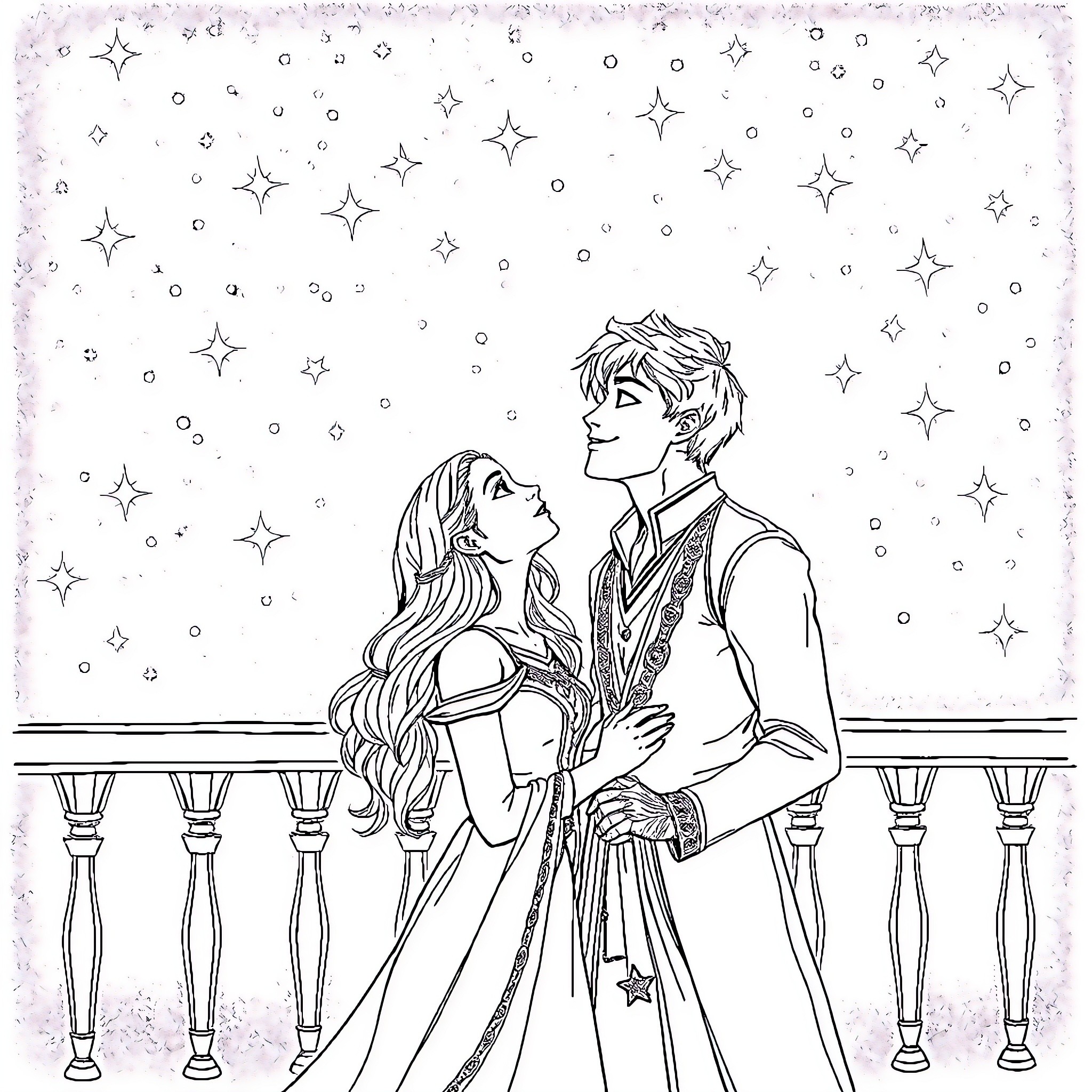 Rhys and Feyre embracing under the starry night Coloring Page (free black-and-white line drawing printable PDF for all, from beginners to advanced learners, including children, teens, adults, and seniors)