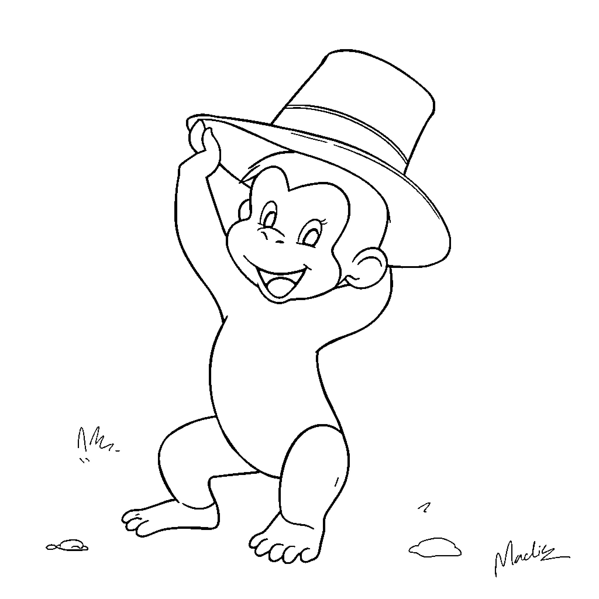Curious George joyfully wearing a hat Coloring Page (free black-and-white line drawing printable PDF for all, from beginners to advanced learners, including children, teens, adults, and seniors)