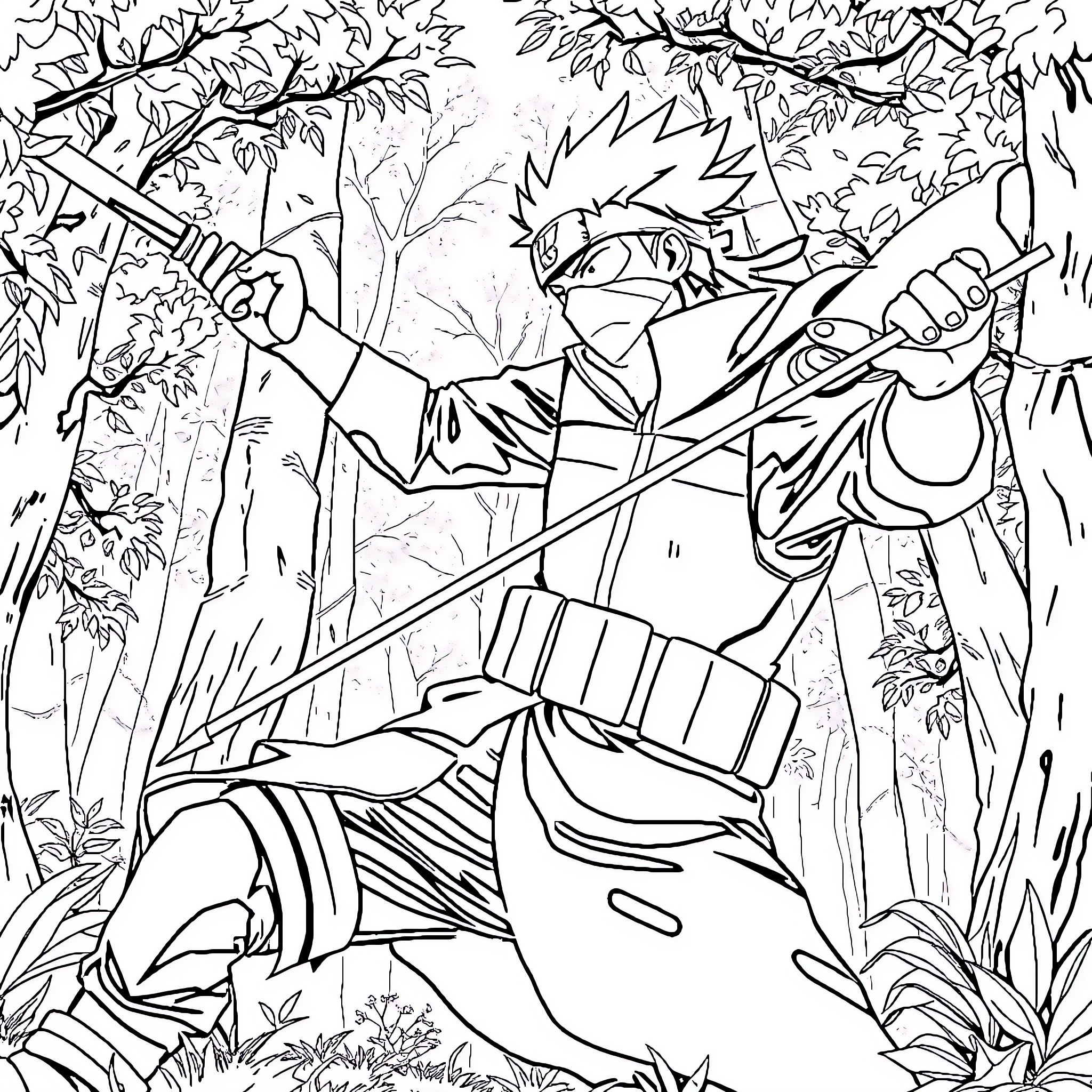 Kakashi on a mission in the forest Coloring Page (free black-and-white line drawing printable PDF for all, from beginners to advanced learners, including children, teens, adults, and seniors)