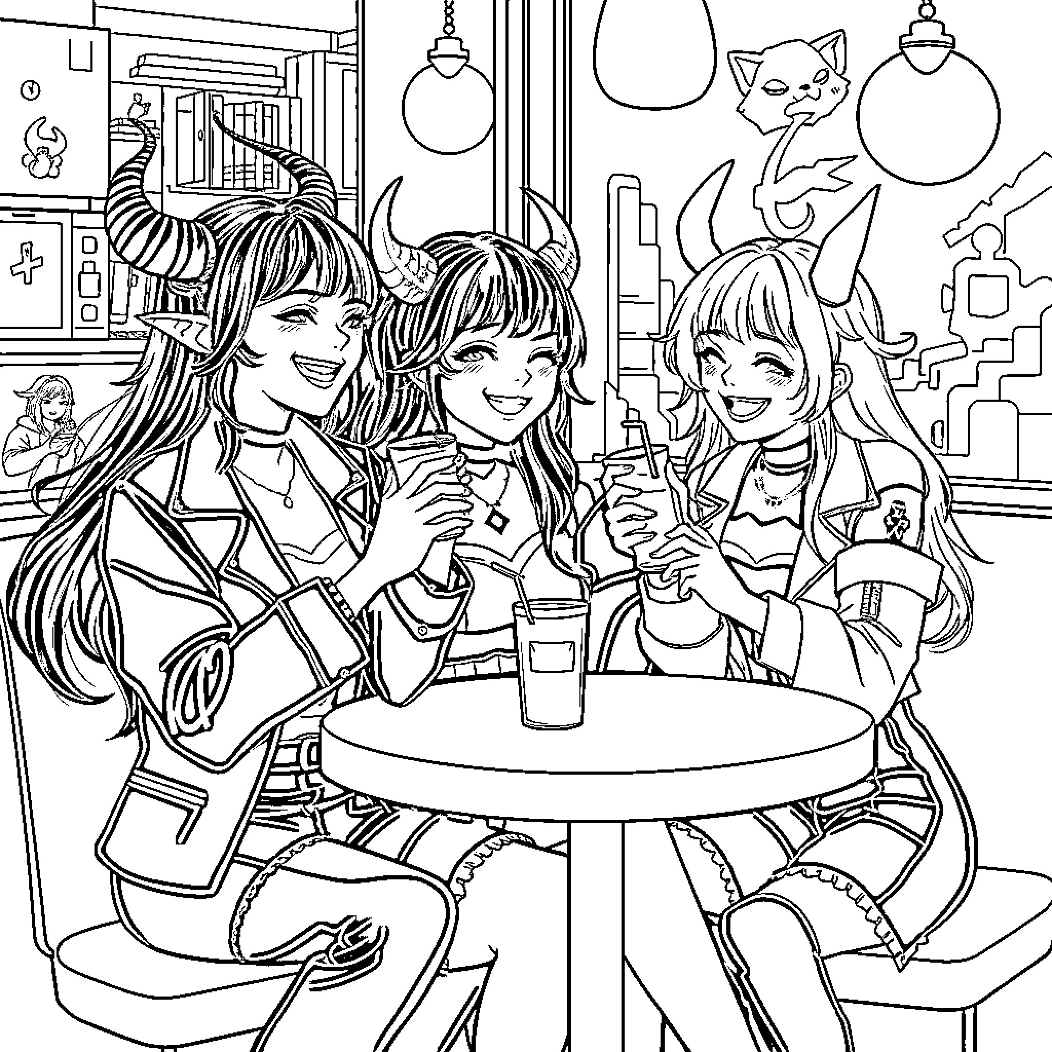 Demon Hunters Enjoying a Friendly Gathering Coloring Page (free black-and-white line drawing printable PDF for all, from beginners to advanced learners, including children, teens, adults, and seniors)