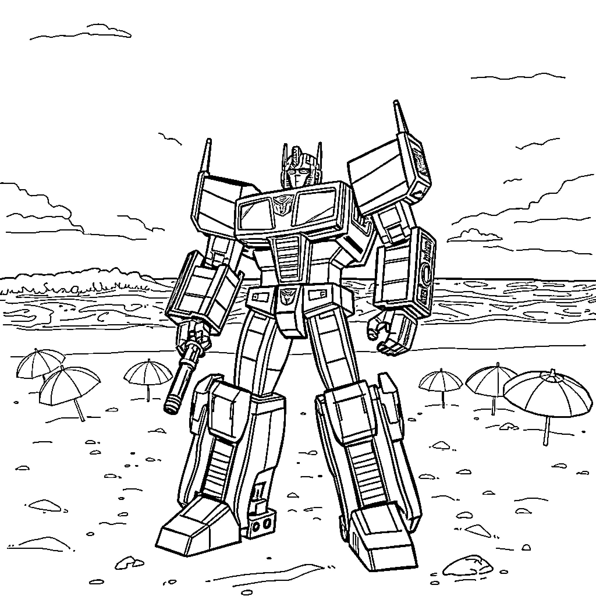 Transformer robot on the beach Coloring Page (free black-and-white line drawing printable PDF for all, from beginners to advanced learners, including children, teens, adults, and seniors)