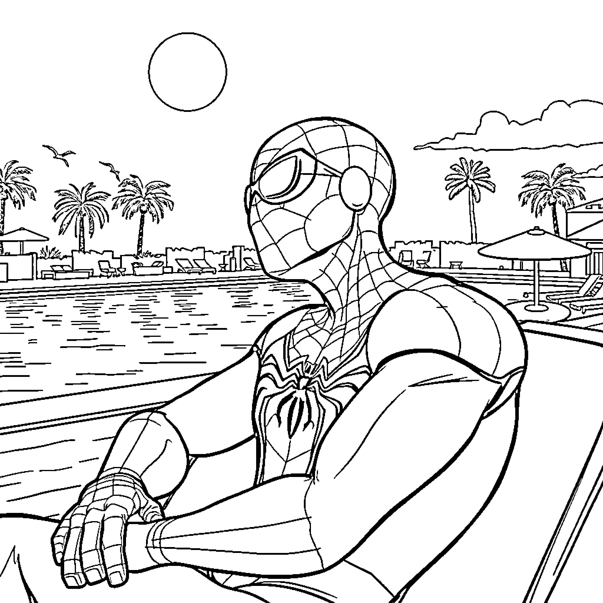 Spider-Man relaxing on the beach Coloring Page (free black-and-white line drawing printable PDF for all, from beginners to advanced learners, including children, teens, adults, and seniors)