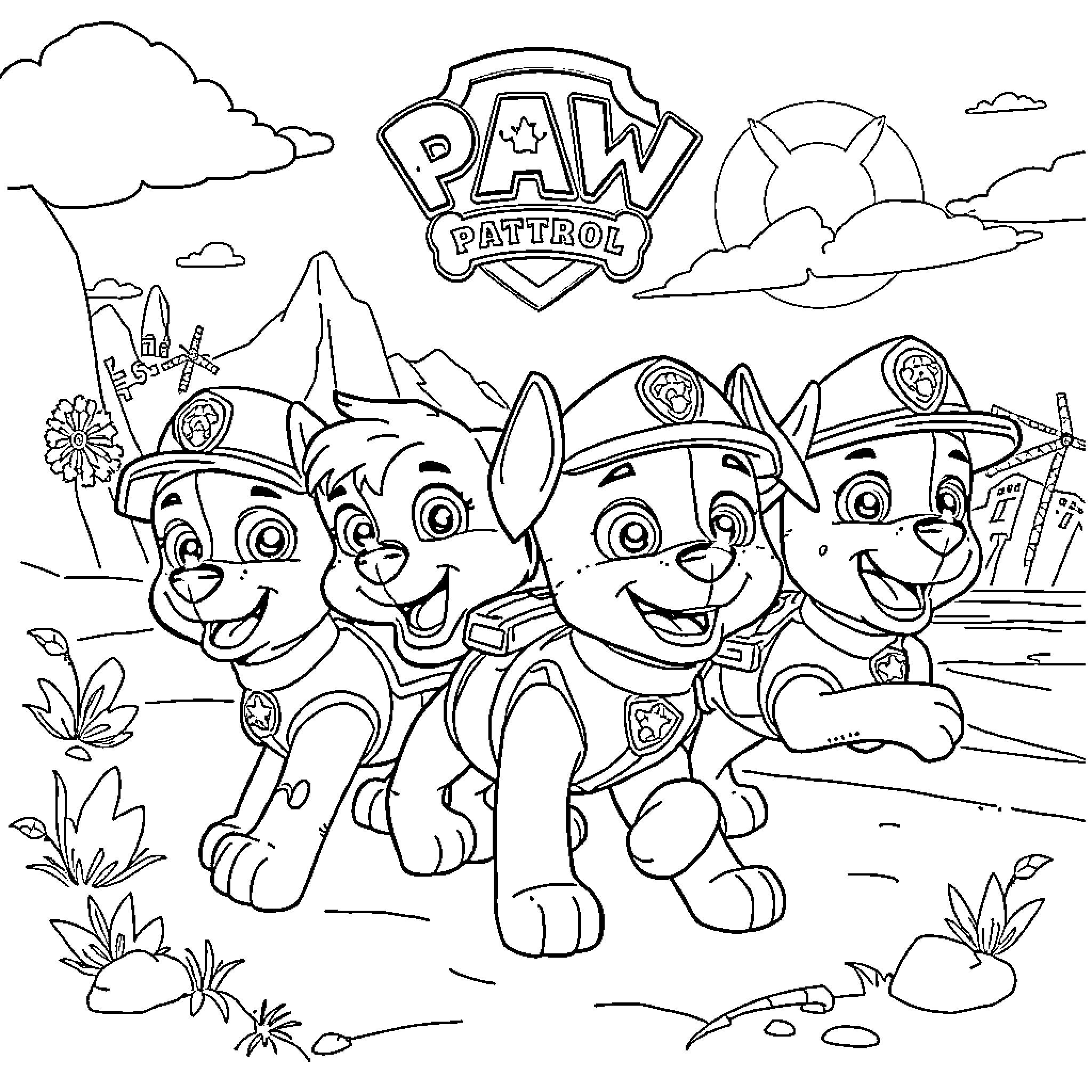 Paw Patrol characters in an outdoor adventure scene Coloring Page (free black-and-white line drawing printable PDF for all, from beginners to advanced learners, including children, teens, adults, and seniors)