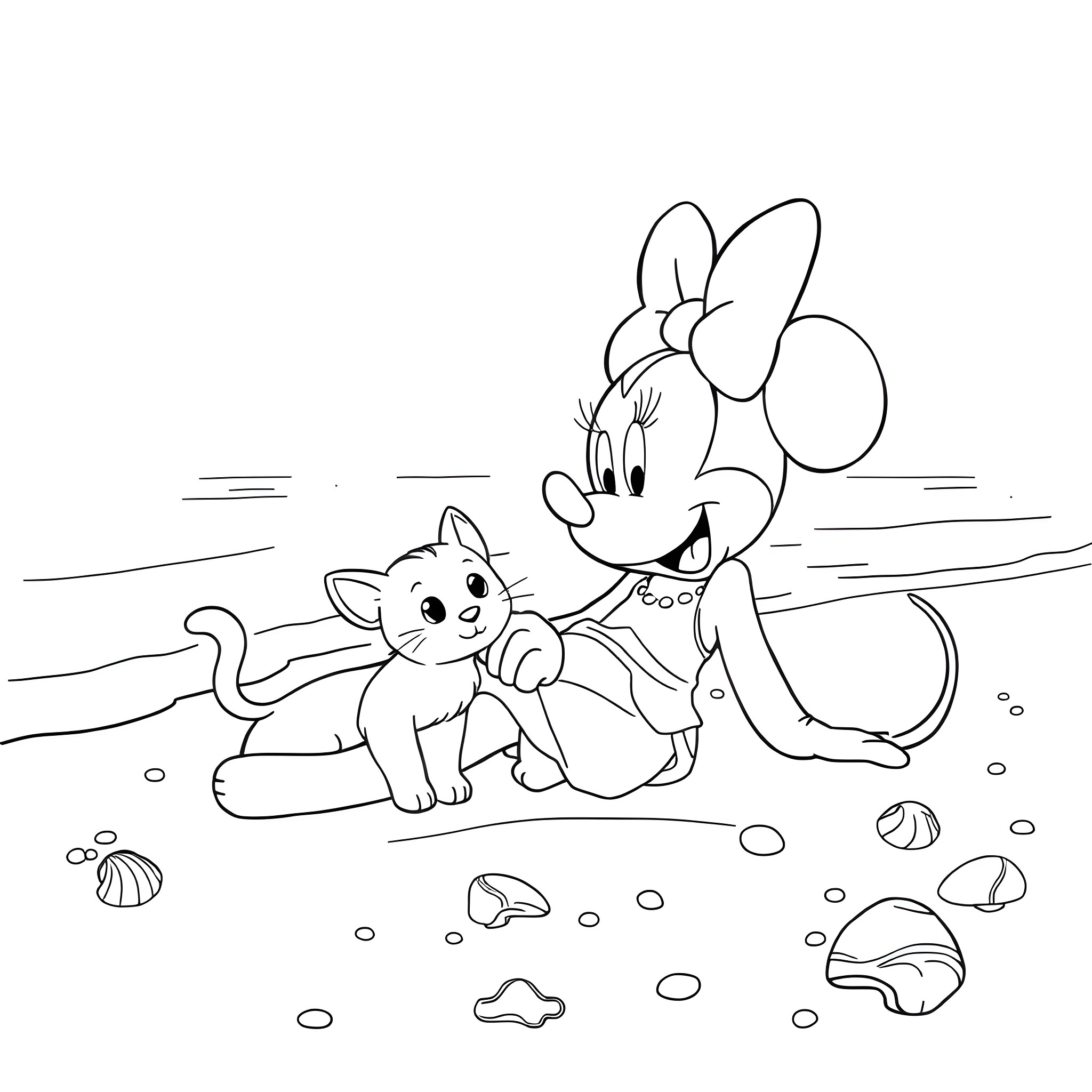 Minnie and her kitten friend playing on the beach Coloring Page (free black-and-white line drawing printable PDF for all, from beginners to advanced learners, including children, teens, adults, and seniors)