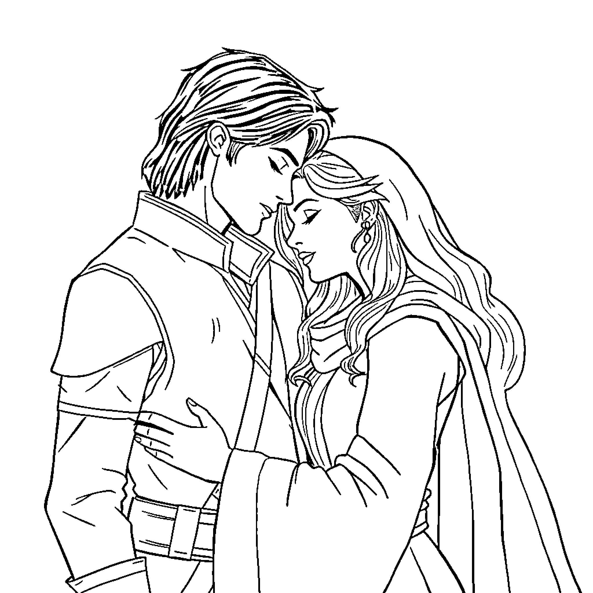 Mara Jade and her companion in an intimate moment Coloring Page (free black-and-white line drawing printable PDF for all, from beginners to advanced learners, including children, teens, adults, and seniors)