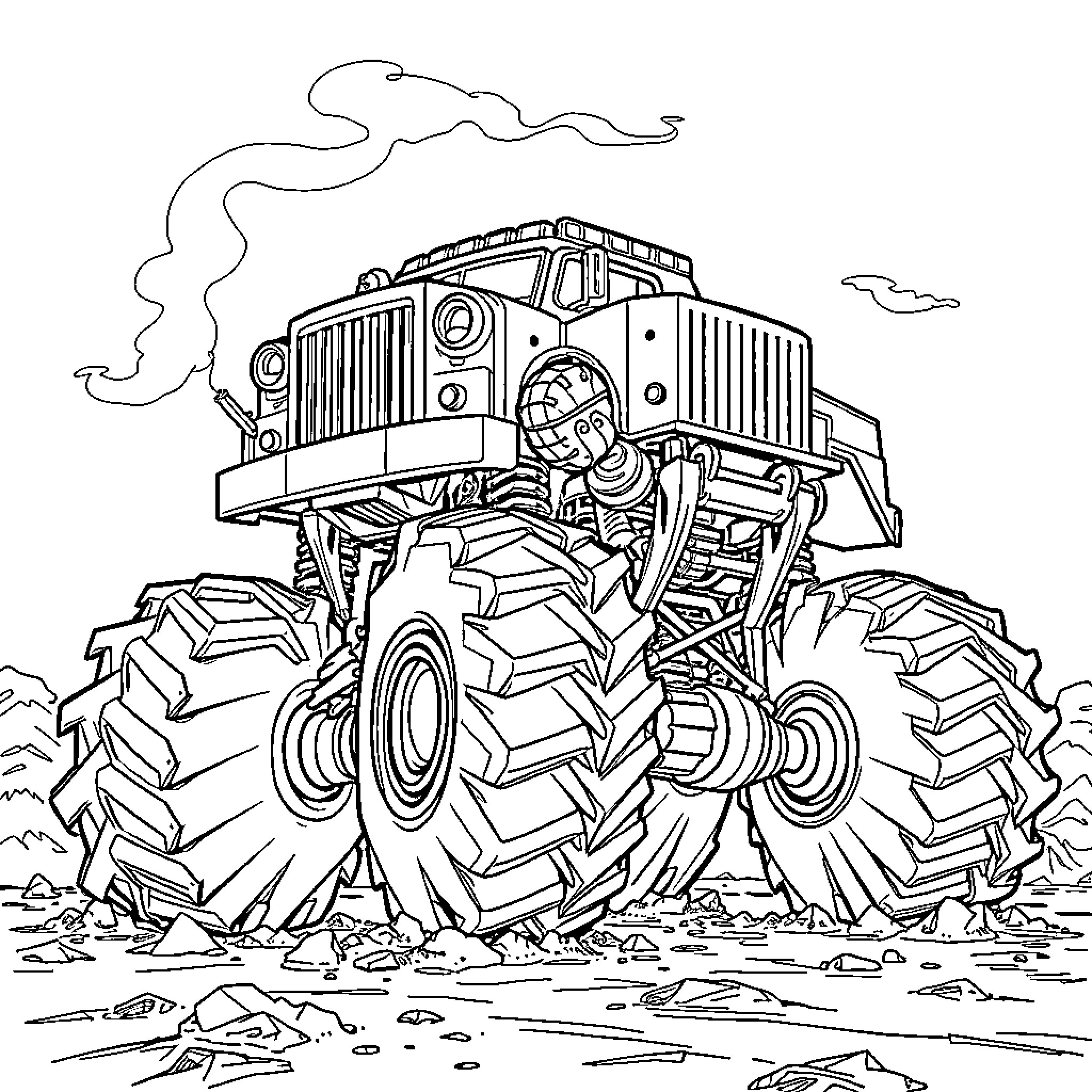 Monstertruck crushing rocks and debris on the road Coloring Page (free black-and-white line drawing printable PDF for all, from beginners to advanced learners, including children, teens, adults, and seniors)