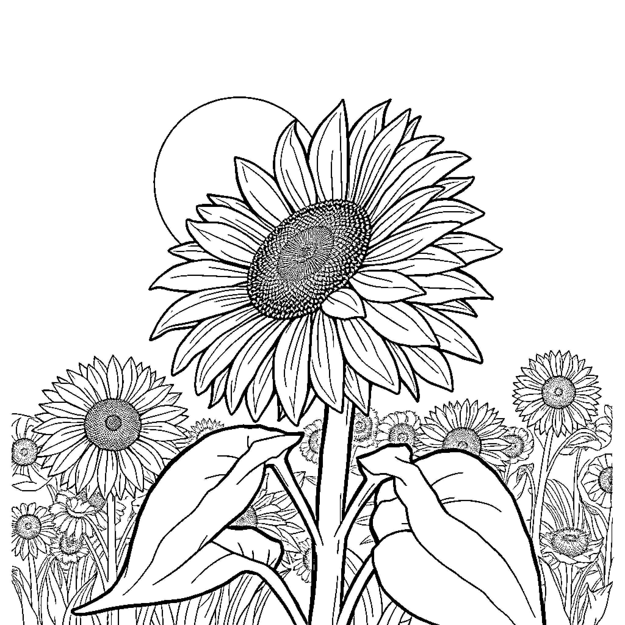 Sunflowers blooming in the field Coloring Page (free black-and-white line drawing printable PDF for all, from beginners to advanced learners, including children, teens, adults, and seniors)
