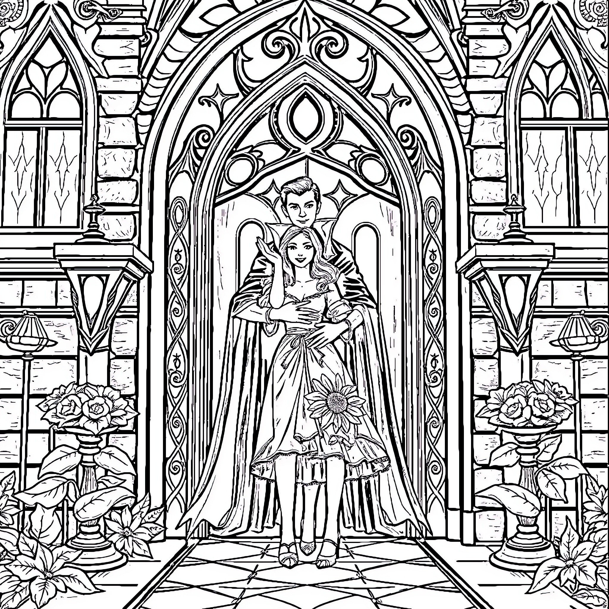 Dracula's Ornate Castle Sanctuary Coloring Page (free black-and-white line drawing printable PDF for all, from beginners to advanced learners, including children, teens, adults, and seniors)