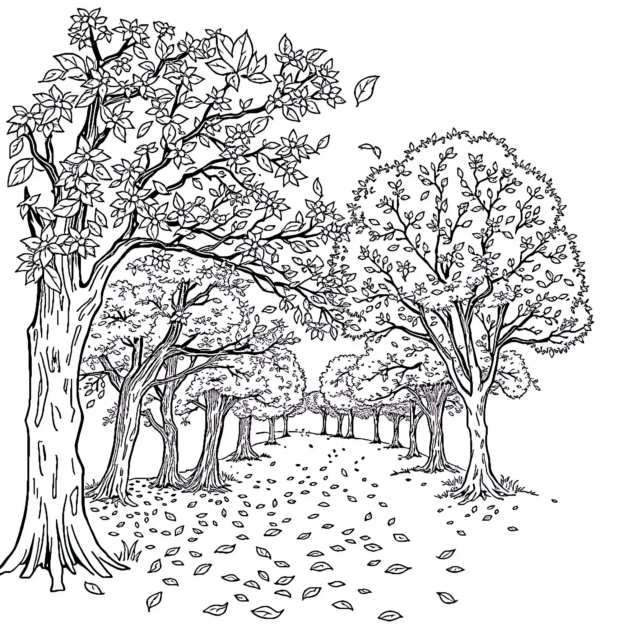 Leaf-filled Forest Path in Autumn Coloring Page (free black-and-white line drawing printable PDF for all, from beginners to advanced learners, including children, teens, adults, and seniors)