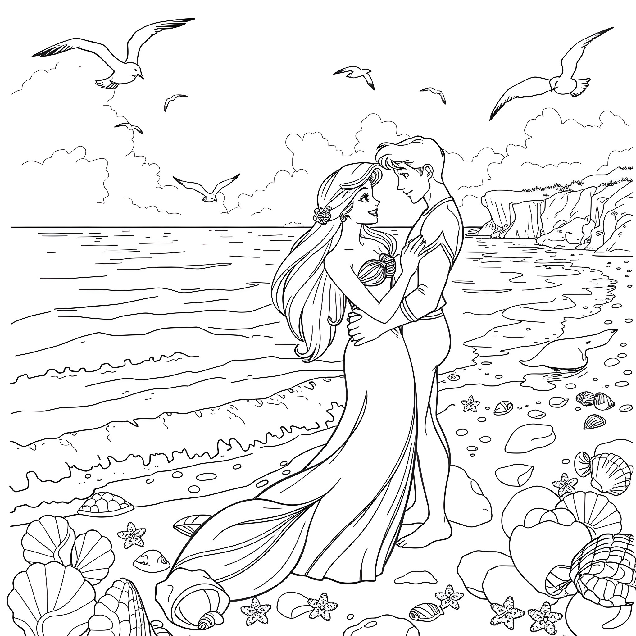 Ariel and Eric embracing on the beach Coloring Page (free black-and-white line drawing printable PDF for all, from beginners to advanced learners, including children, teens, adults, and seniors)