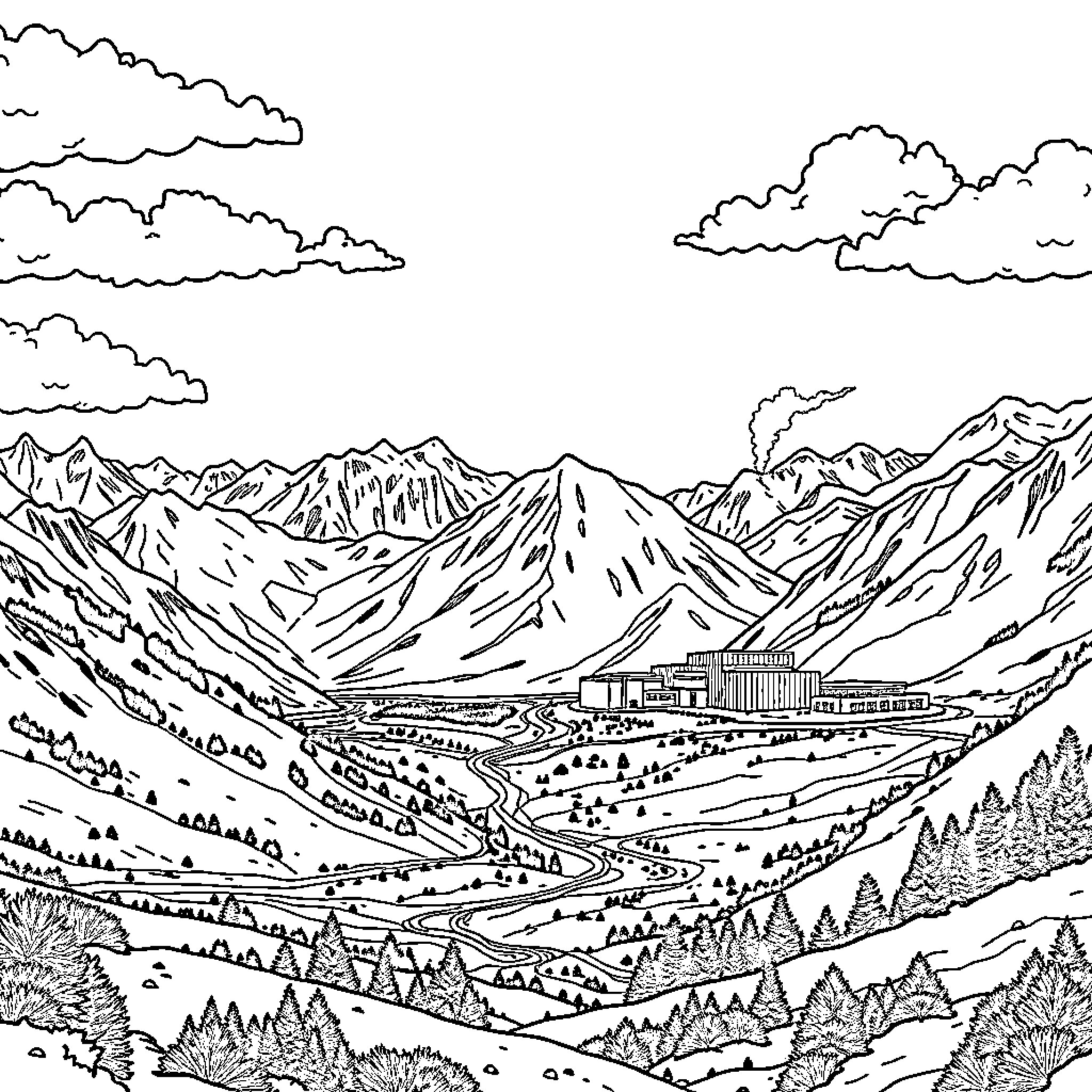 Geothermal Energy Plant in Rugged Mountain Landscape Coloring Page (free black-and-white line drawing printable PDF for all, from beginners to advanced learners, including children, teens, adults, and seniors)