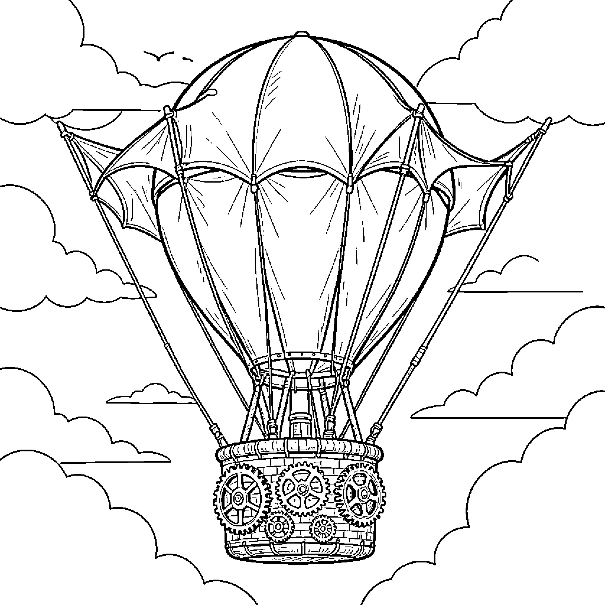 Steampunk Hot Air Balloon Soaring Through Cloudy Skies Coloring Page (free black-and-white line drawing printable PDF for all, from beginners to advanced learners, including children, teens, adults, and seniors)