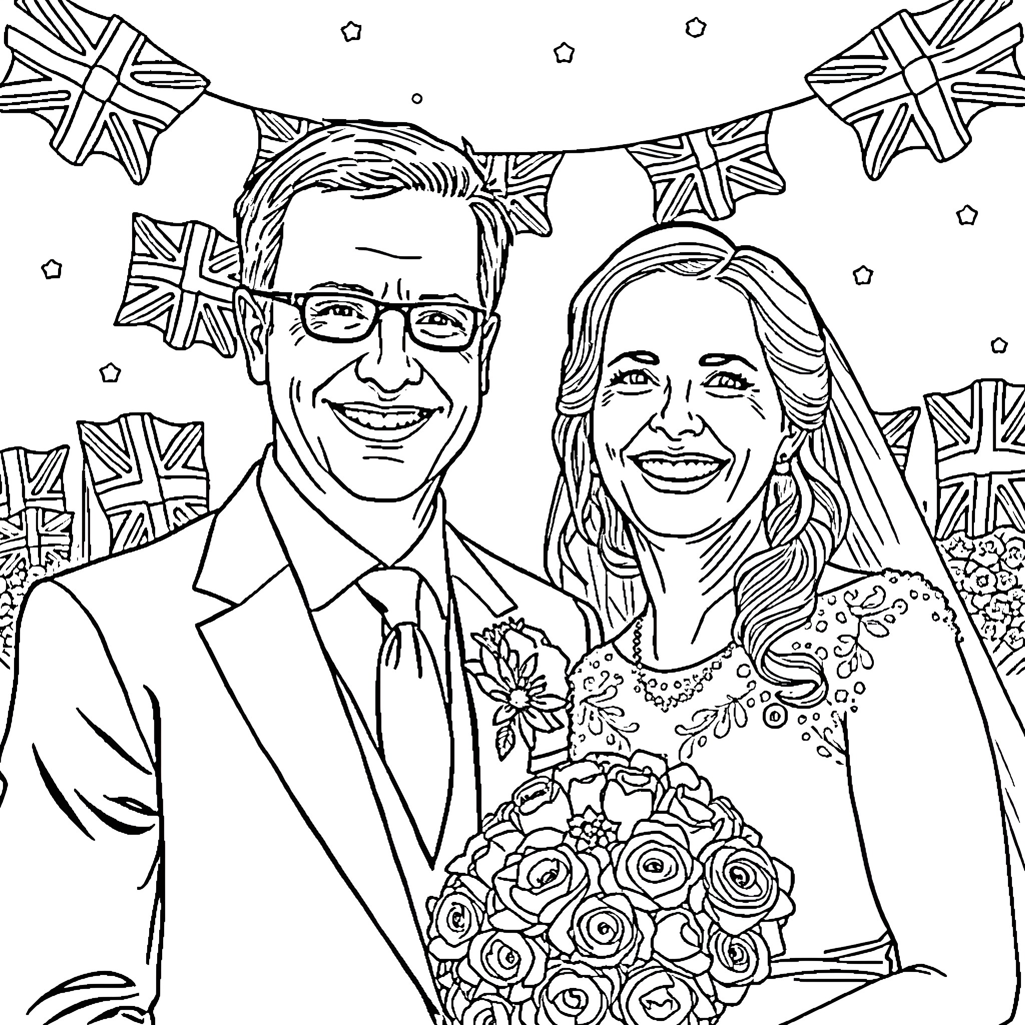Bonnie Blue's Royal Wedding Celebration Coloring Page (free black-and-white line drawing printable PDF for all, from beginners to advanced learners, including children, teens, adults, and seniors)