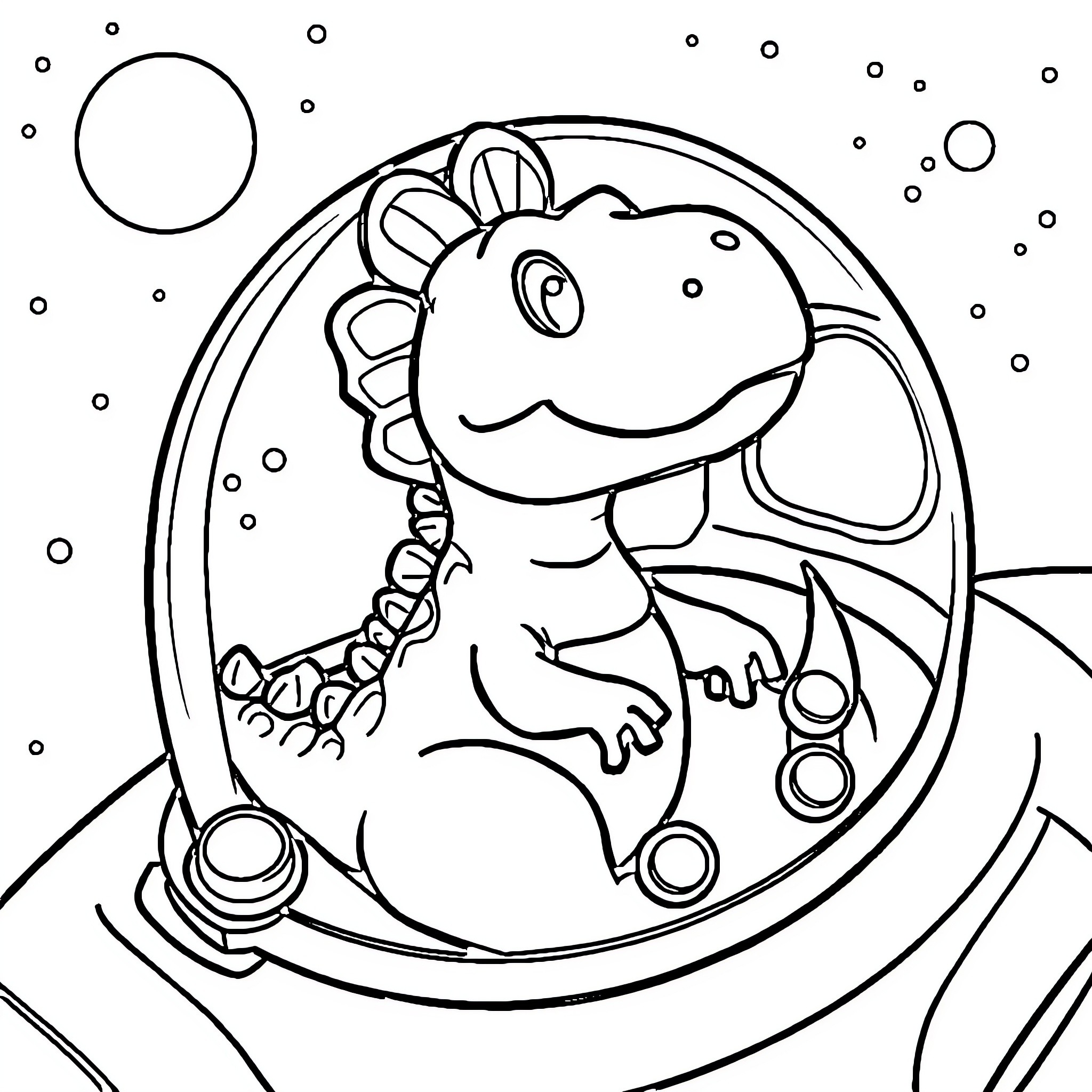 Dinosaur in a spacecraft viewing the stars Coloring Page (free black-and-white line drawing printable PDF for all, from beginners to advanced learners, including children, teens, adults, and seniors)