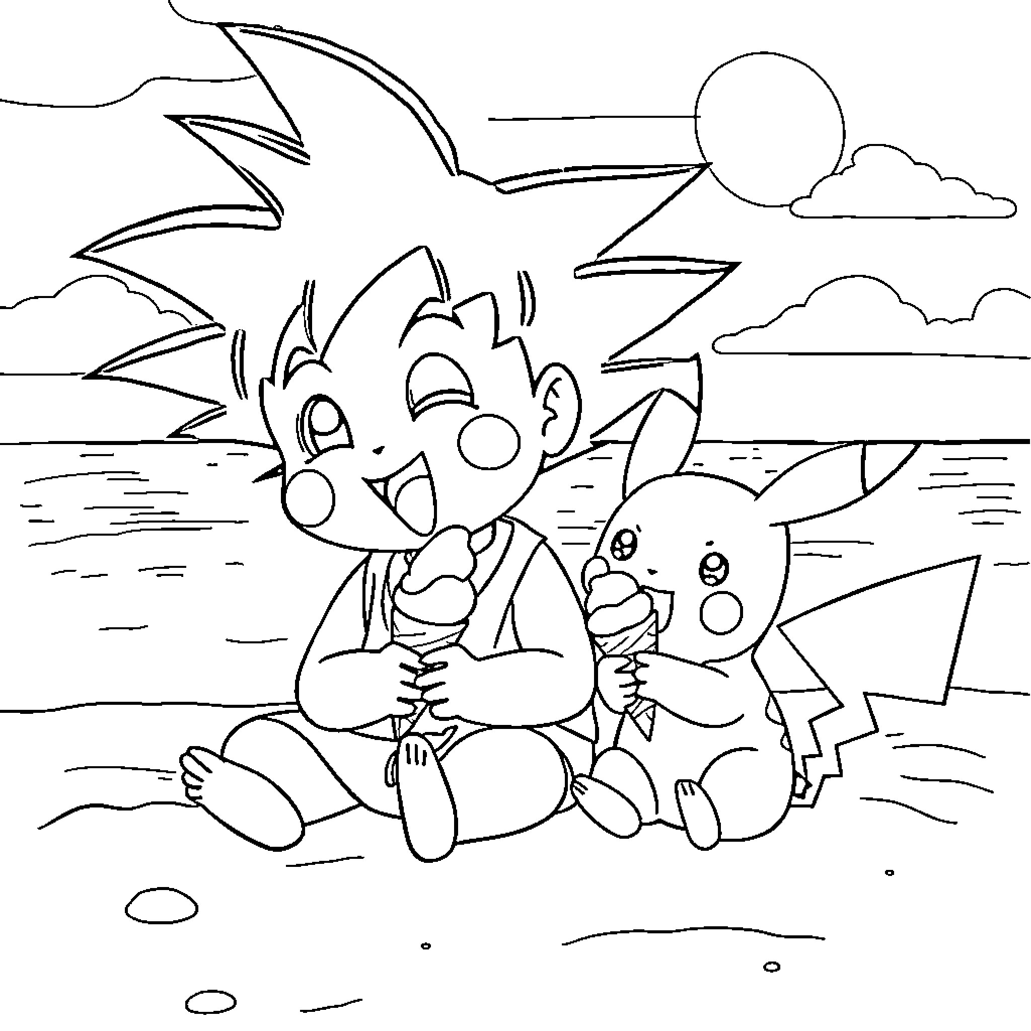 Pikachu and Ash playing happily on the beach Coloring Page (free black-and-white line drawing printable PDF for all, from beginners to advanced learners, including children, teens, adults, and seniors)
