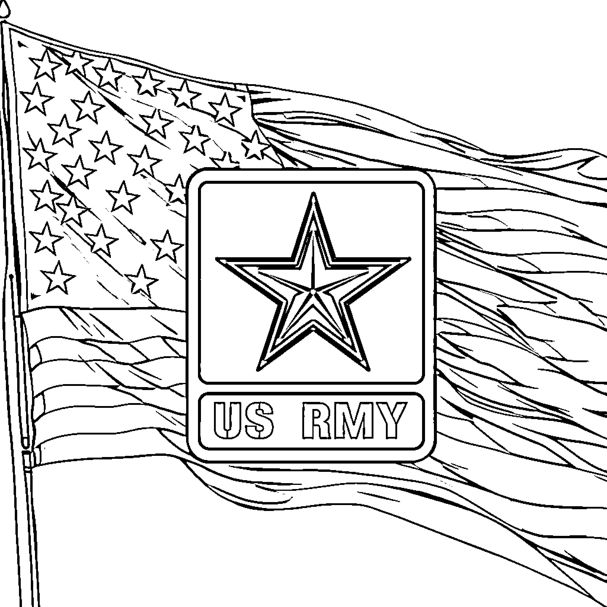 Army flag and military symbol waving in the wind Coloring Page (free black-and-white line drawing printable PDF for all, from beginners to advanced learners, including children, teens, adults, and seniors)