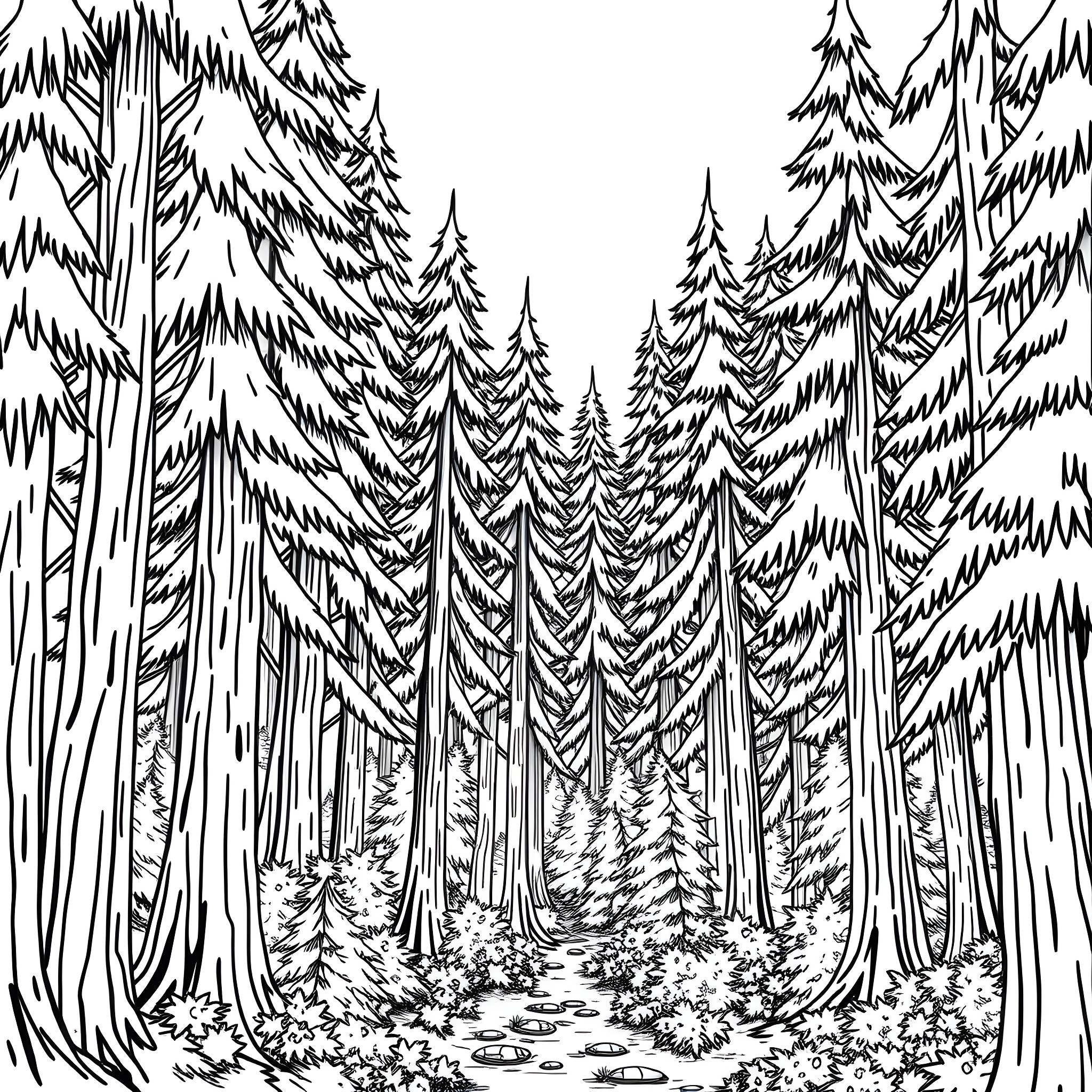 Gravity Falls: Mysterious Forest Landscape Coloring Page (free black-and-white line drawing printable PDF for all, from beginners to advanced learners, including children, teens, adults, and seniors)