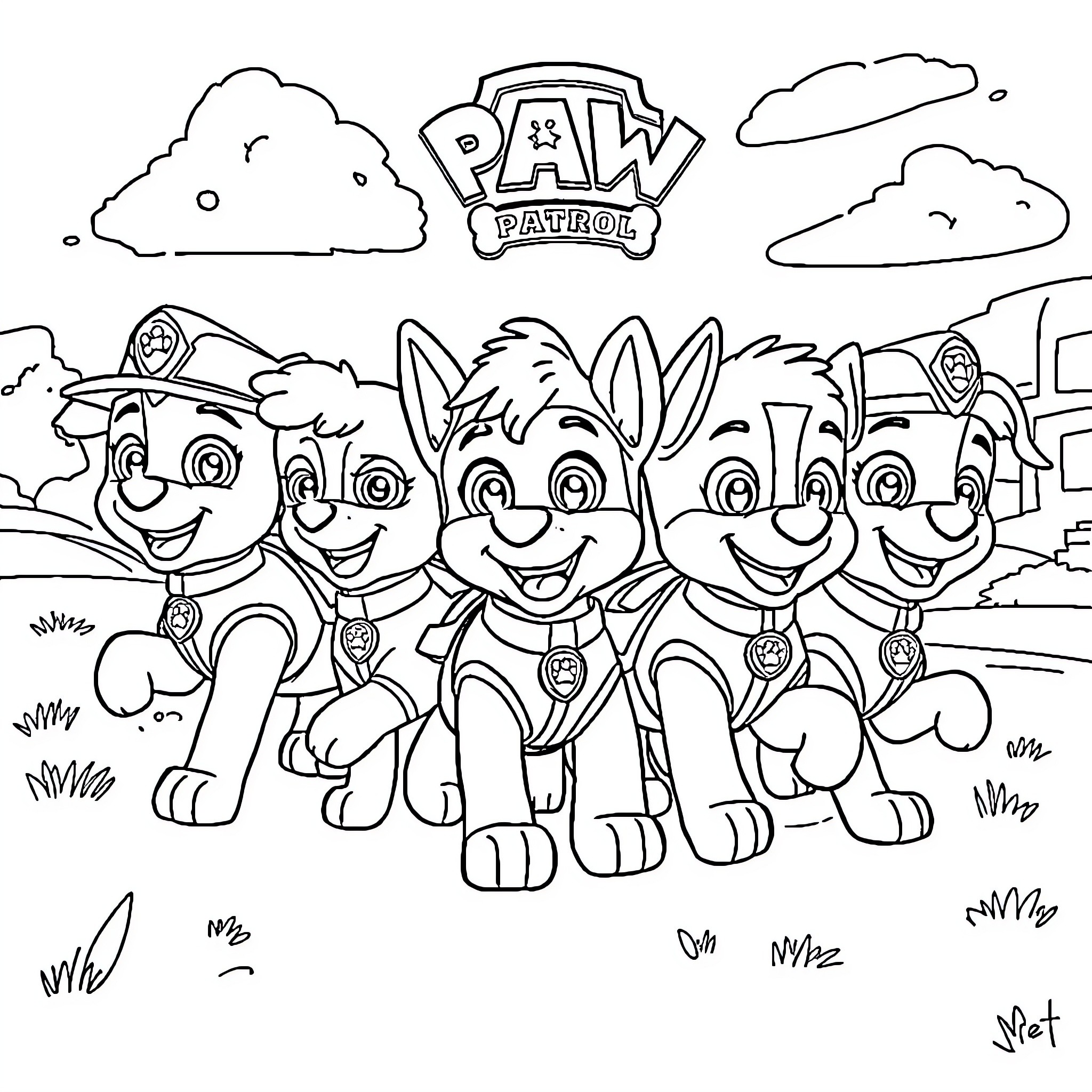 Paw Patrol team in action Coloring Page (free black-and-white line drawing printable PDF for all, from beginners to advanced learners, including children, teens, adults, and seniors)