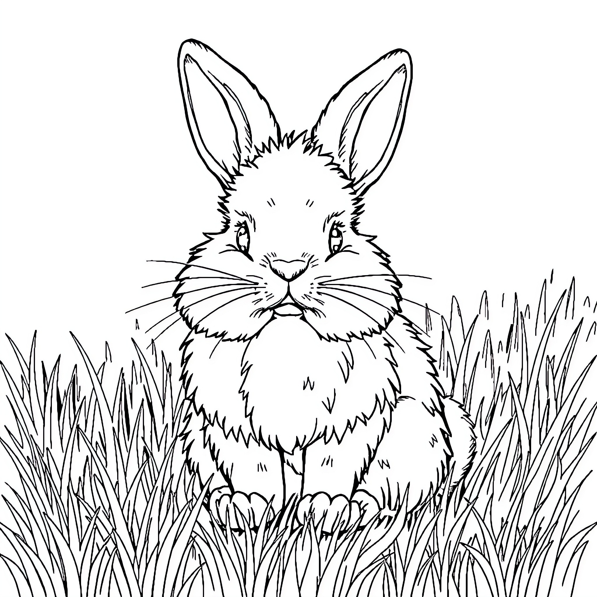 Rabbit sitting in the tall grass Coloring Page (free black-and-white line drawing printable PDF for all, from beginners to advanced learners, including children, teens, adults, and seniors)