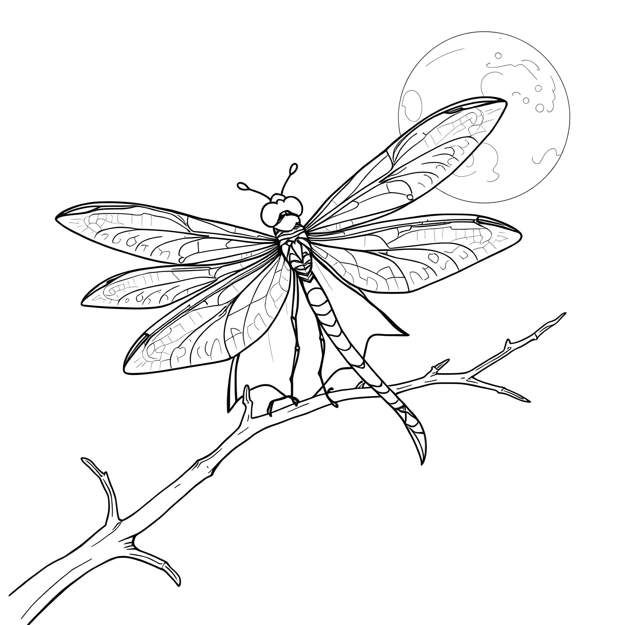 Dragonfly resting on branch under moonlight Coloring Page (free black-and-white line drawing printable PDF for all, from beginners to advanced learners, including children, teens, adults, and seniors)