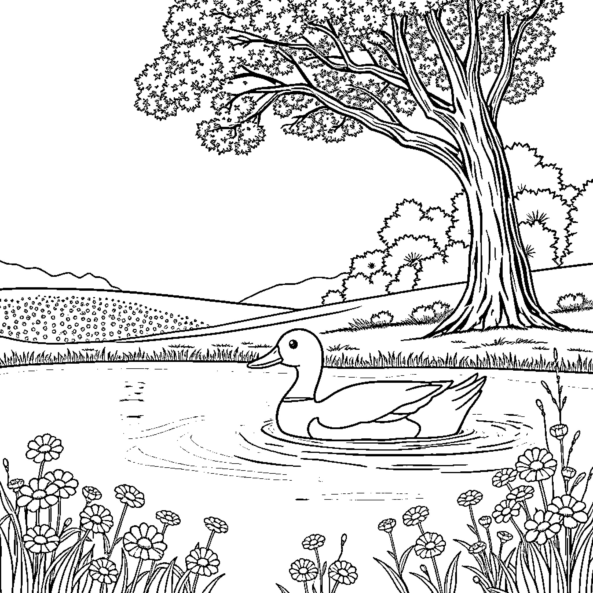Duck swimming peacefully in the pond Coloring Page (free black-and-white line drawing printable PDF for all, from beginners to advanced learners, including children, teens, adults, and seniors)