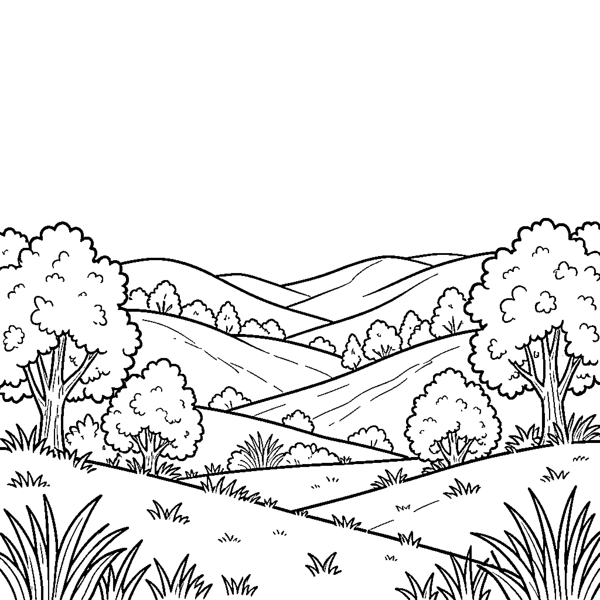 Landscape featuring rolling hills and lush trees Coloring Page (free black-and-white line drawing printable PDF for all, from beginners to advanced learners, including children, teens, adults, and seniors)