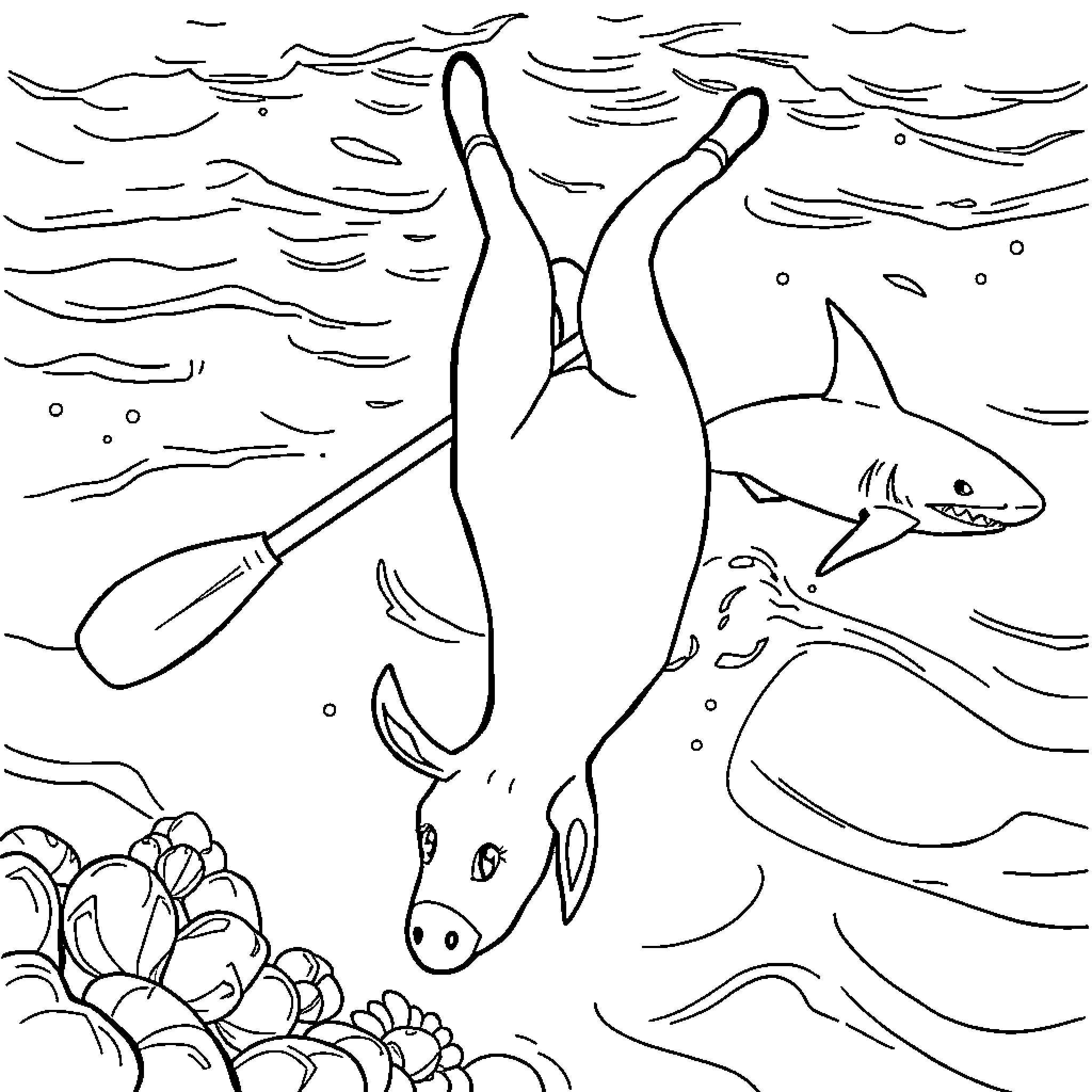 Donkey swimming with marine creatures Coloring Page (free black-and-white line drawing printable PDF for all, from beginners to advanced learners, including children, teens, adults, and seniors)