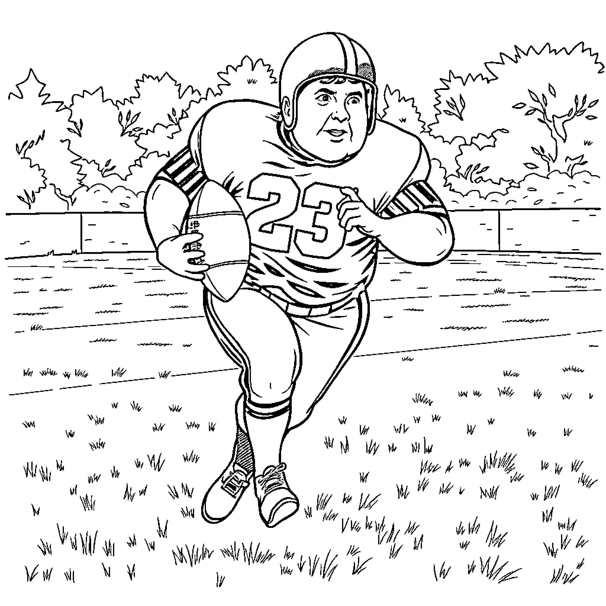 Babe Ruth playing football on the field Coloring Page (free black-and-white line drawing printable PDF for all, from beginners to advanced learners, including children, teens, adults, and seniors)