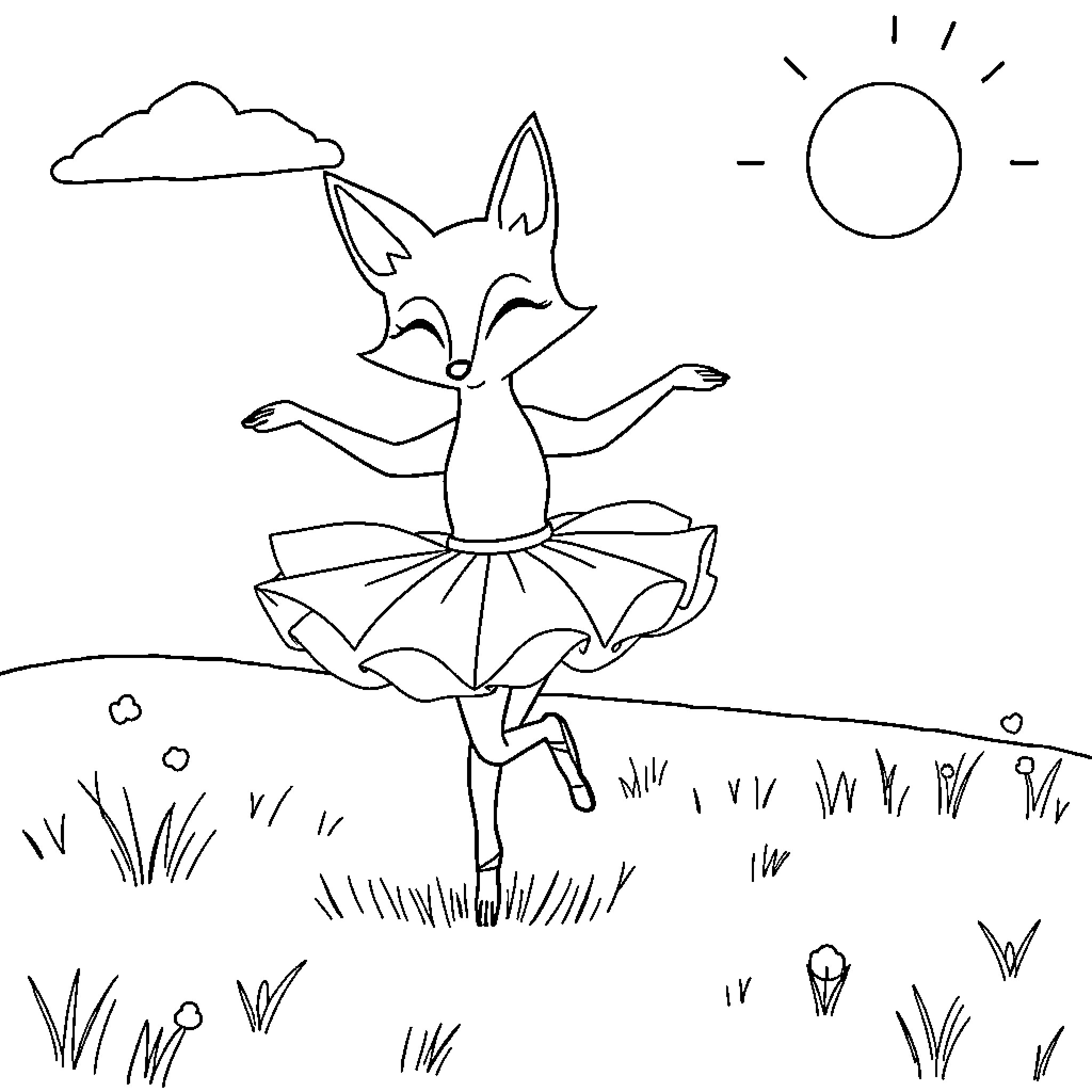 Fox ballerina dancing in the meadow Coloring Page (free black-and-white line drawing printable PDF for all, from beginners to advanced learners, including children, teens, adults, and seniors)