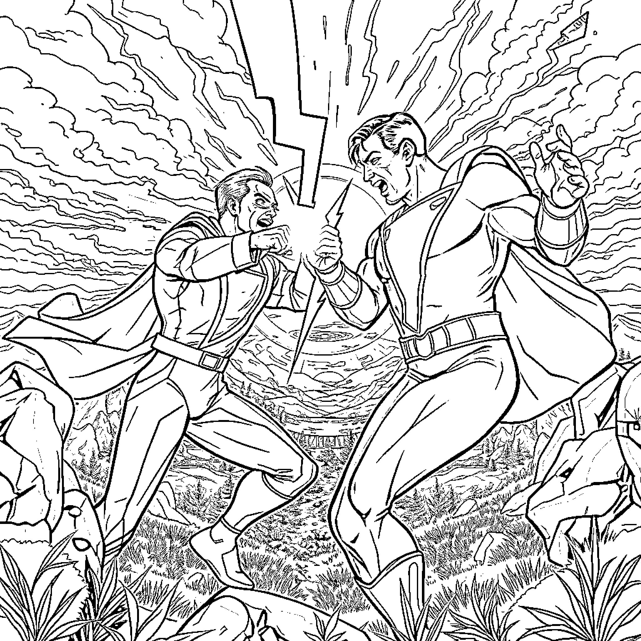 Doctor Sivana confronting heroes in dramatic scene Coloring Page (free black-and-white line drawing printable PDF for all, from beginners to advanced learners, including children, teens, adults, and seniors)