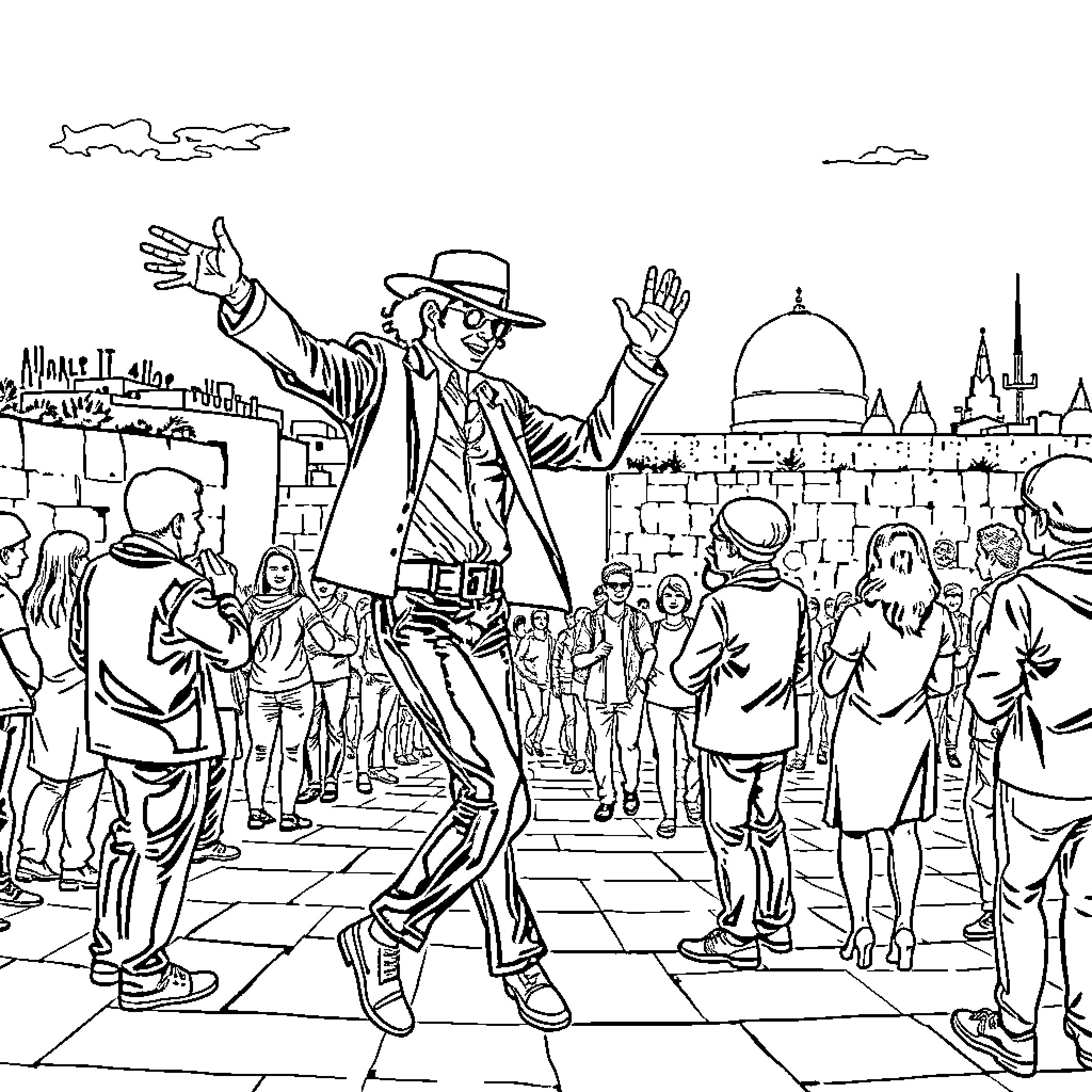 Michael Jackson performing on stage with a crowd Coloring Page (free black-and-white line drawing printable PDF for all, from beginners to advanced learners, including children, teens, adults, and seniors)