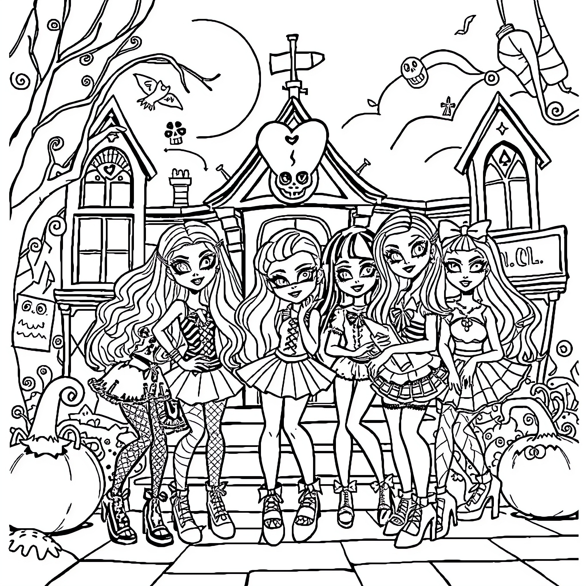 Monster High Teens Posing Before Haunted House Coloring Page (free black-and-white line drawing printable PDF for all, from beginners to advanced learners, including children, teens, adults, and seniors)