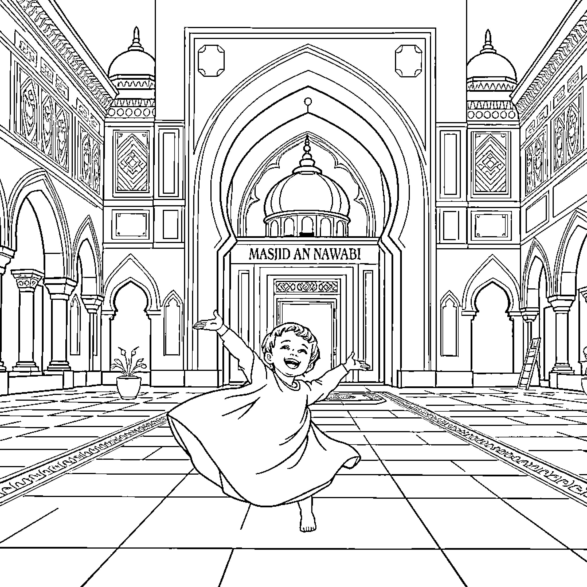 Child playing happily in majestic mosque Coloring Page (free black-and-white line drawing printable PDF for all, from beginners to advanced learners, including children, teens, adults, and seniors)