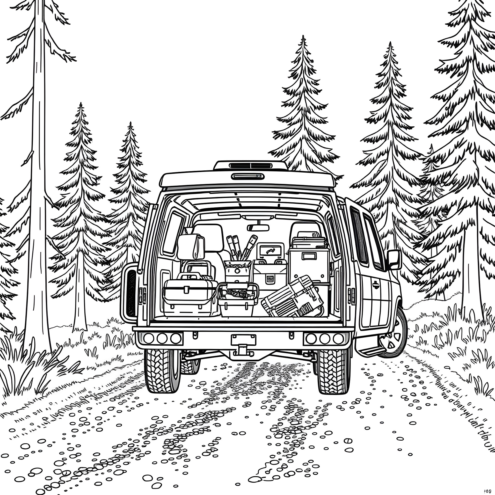 Car Trailer Packed for Outdoor Adventure in the Forest Coloring Page (free black-and-white line drawing printable PDF for all, from beginners to advanced learners, including children, teens, adults, and seniors)
