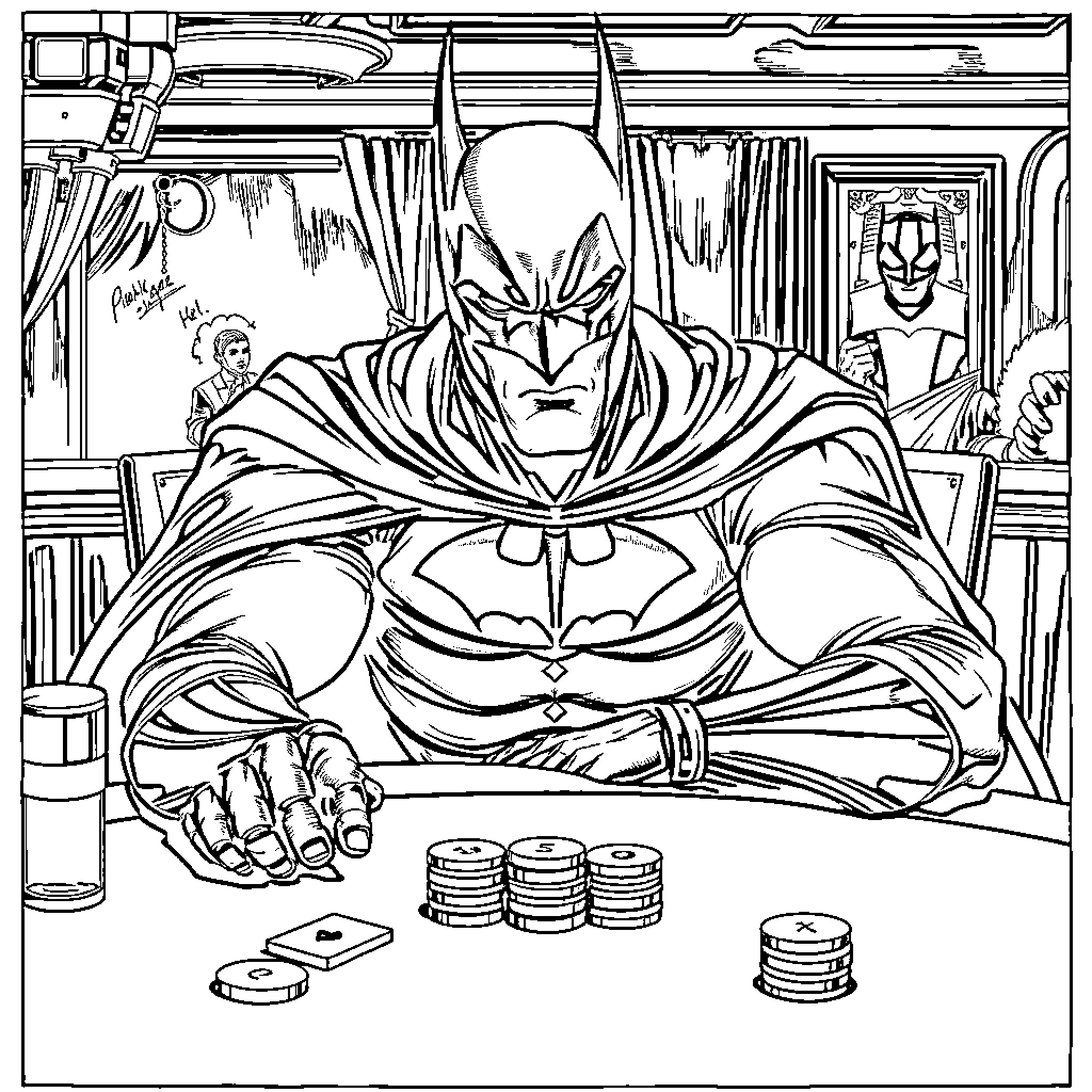 Batman in an intense money-counting scene Coloring Page (free black-and-white line drawing printable PDF for all, from beginners to advanced learners, including children, teens, adults, and seniors)